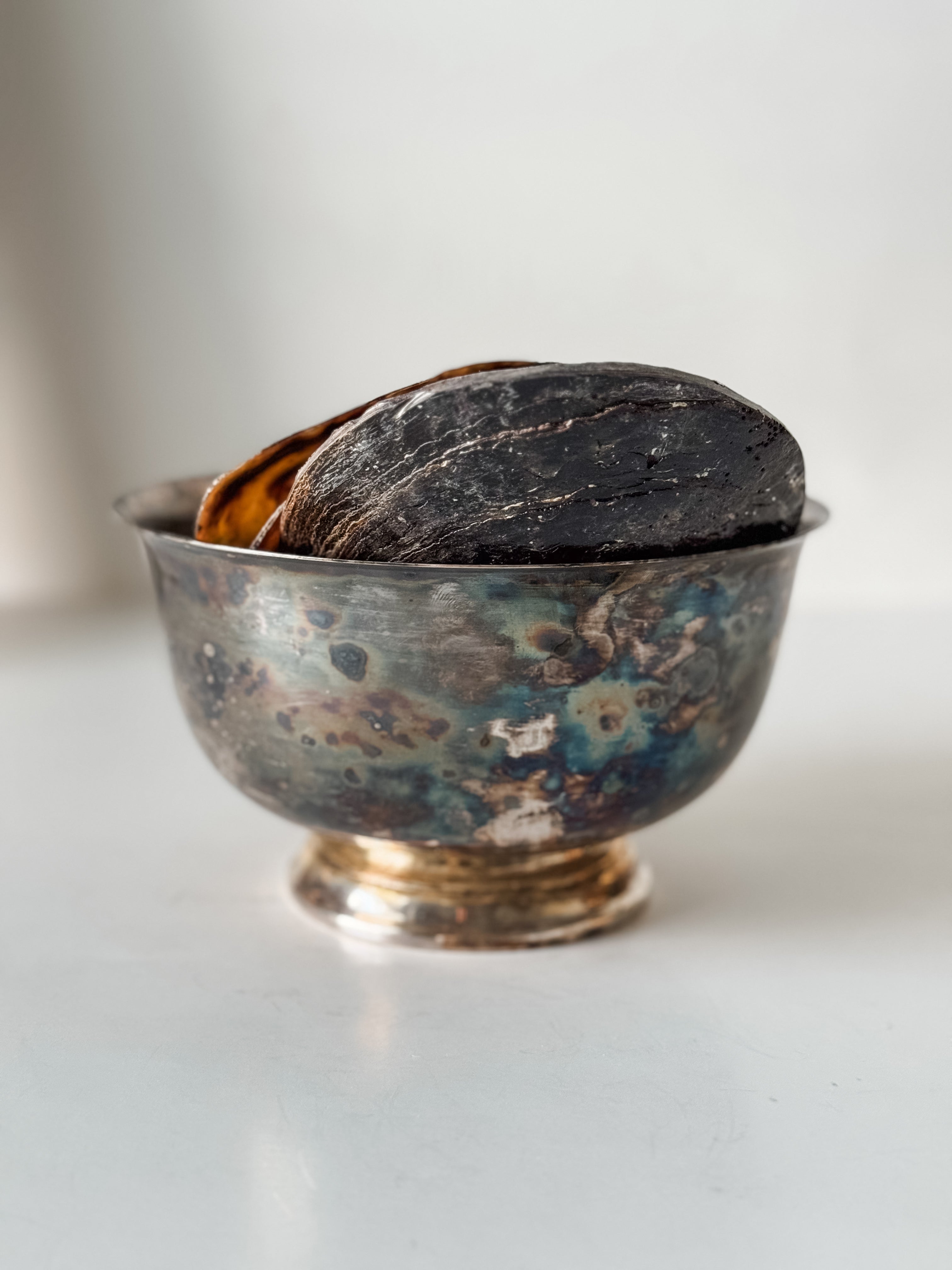 Vintage Patina Silver Footed Bowl With Collection Of Pen Clam Shells