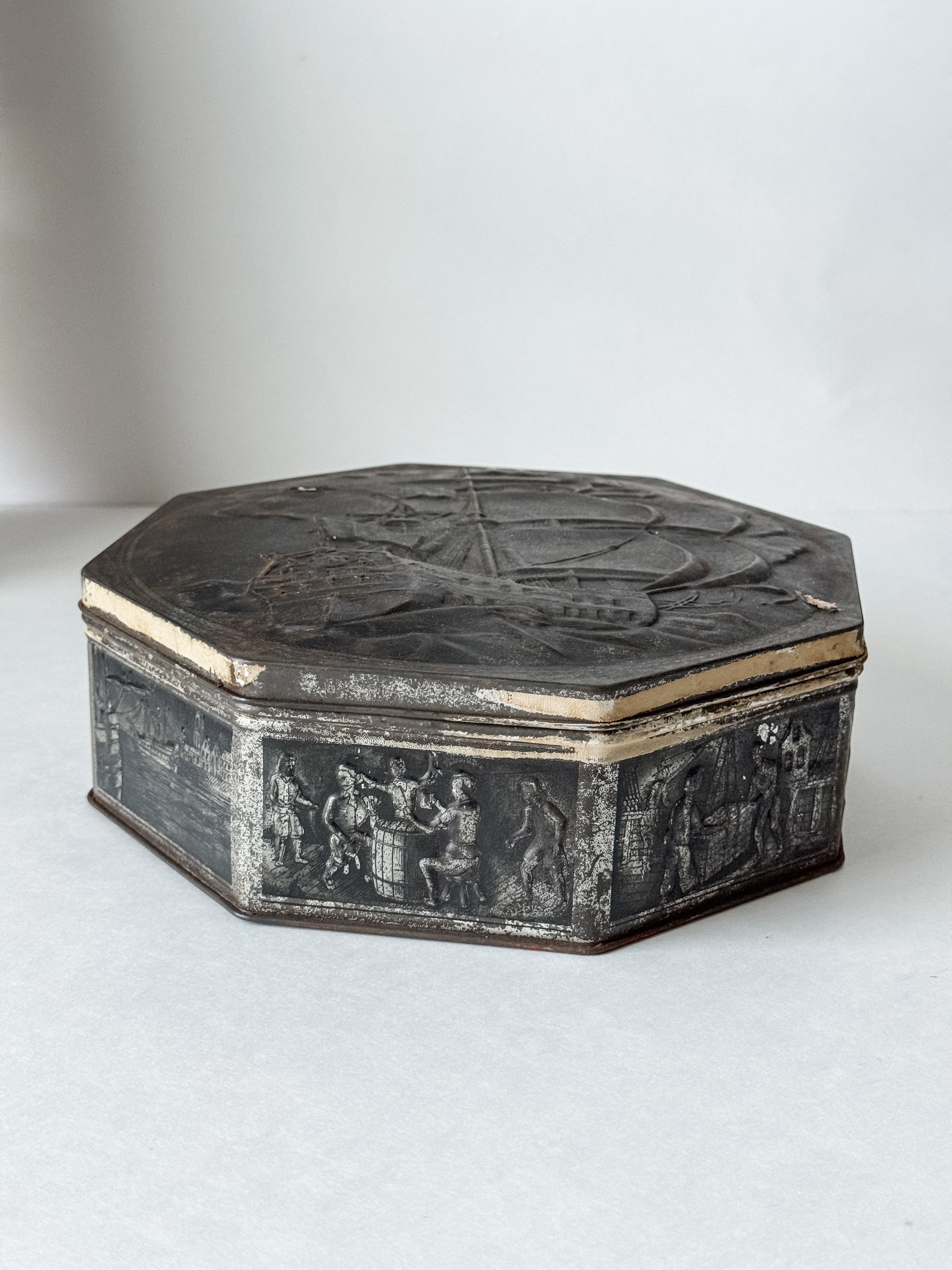 Vintage Metal Dutch Cookie Tin With Ships And Nautical Scenes