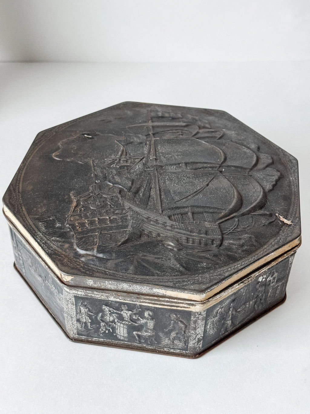 Vintage Metal Dutch Cookie Tin With Ships And Nautical Scenes