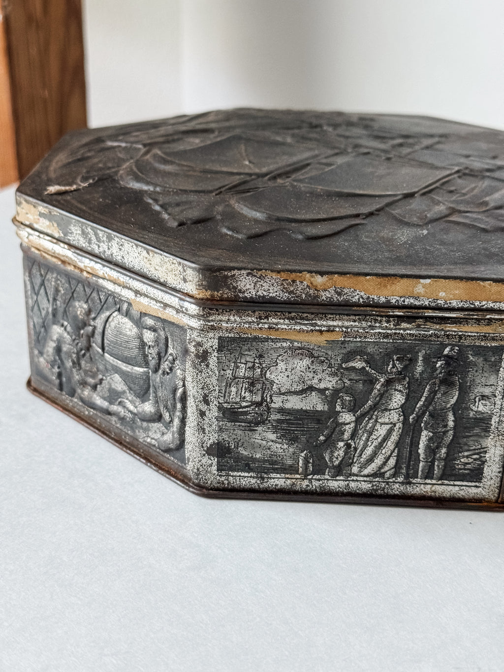 Vintage Metal Dutch Cookie Tin With Ships And Nautical Scenes