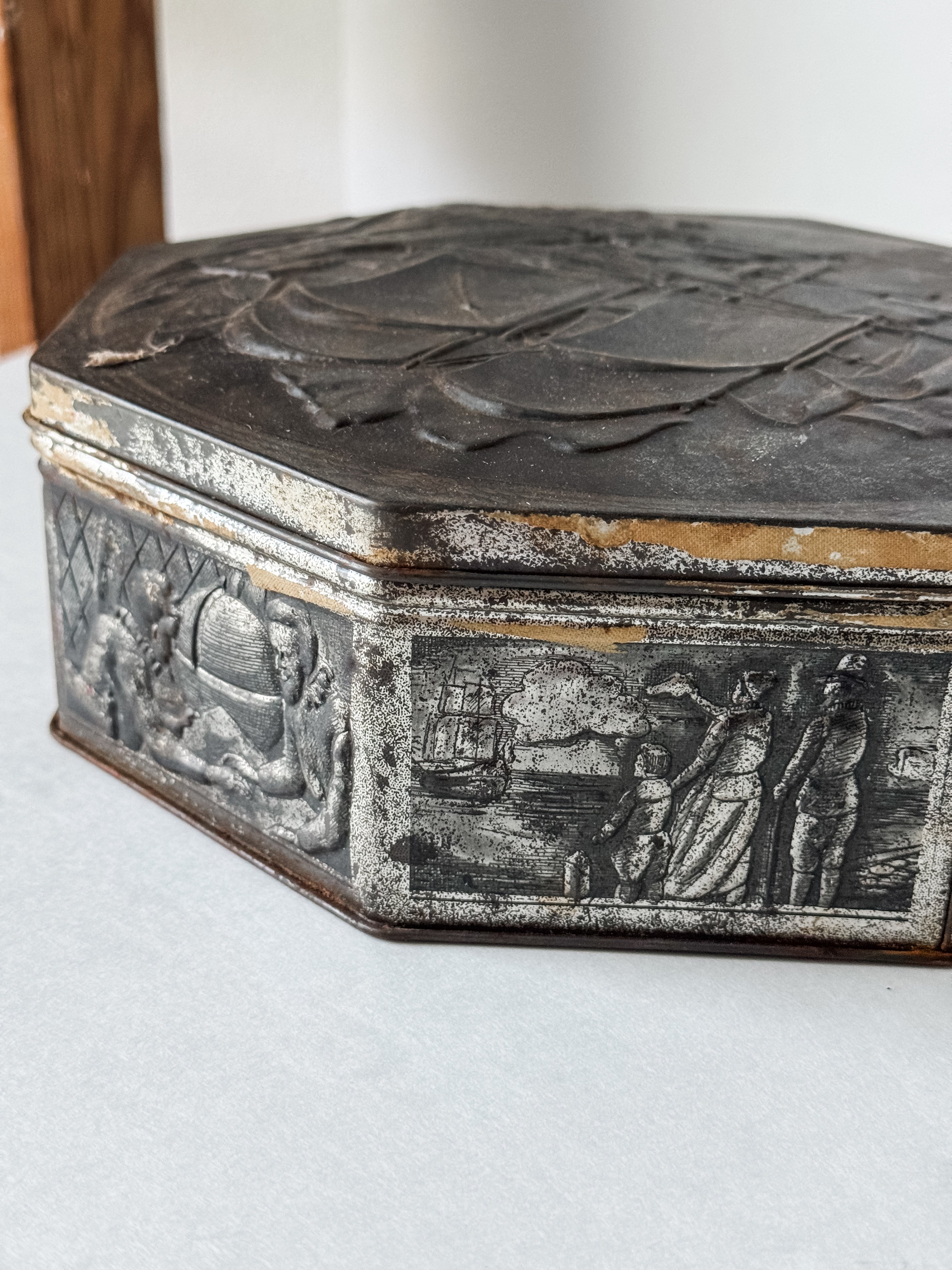 Vintage Metal Dutch Cookie Tin With Ships And Nautical Scenes