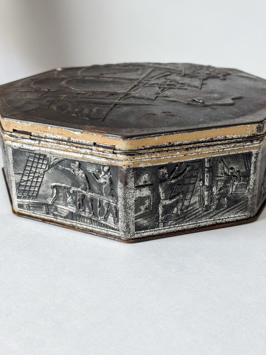Vintage Metal Dutch Cookie Tin With Ships And Nautical Scenes