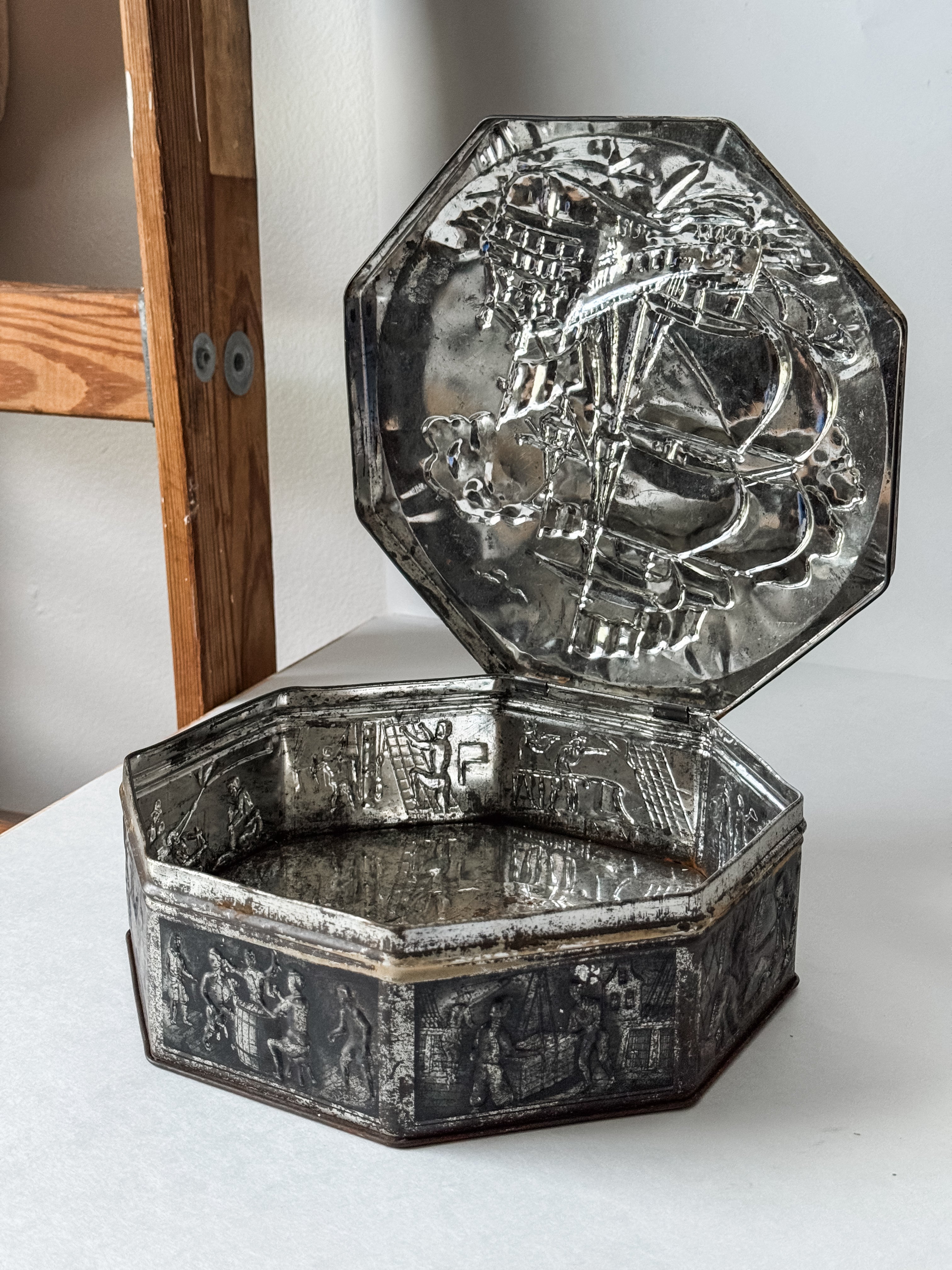 Vintage Metal Dutch Cookie Tin With Ships And Nautical Scenes
