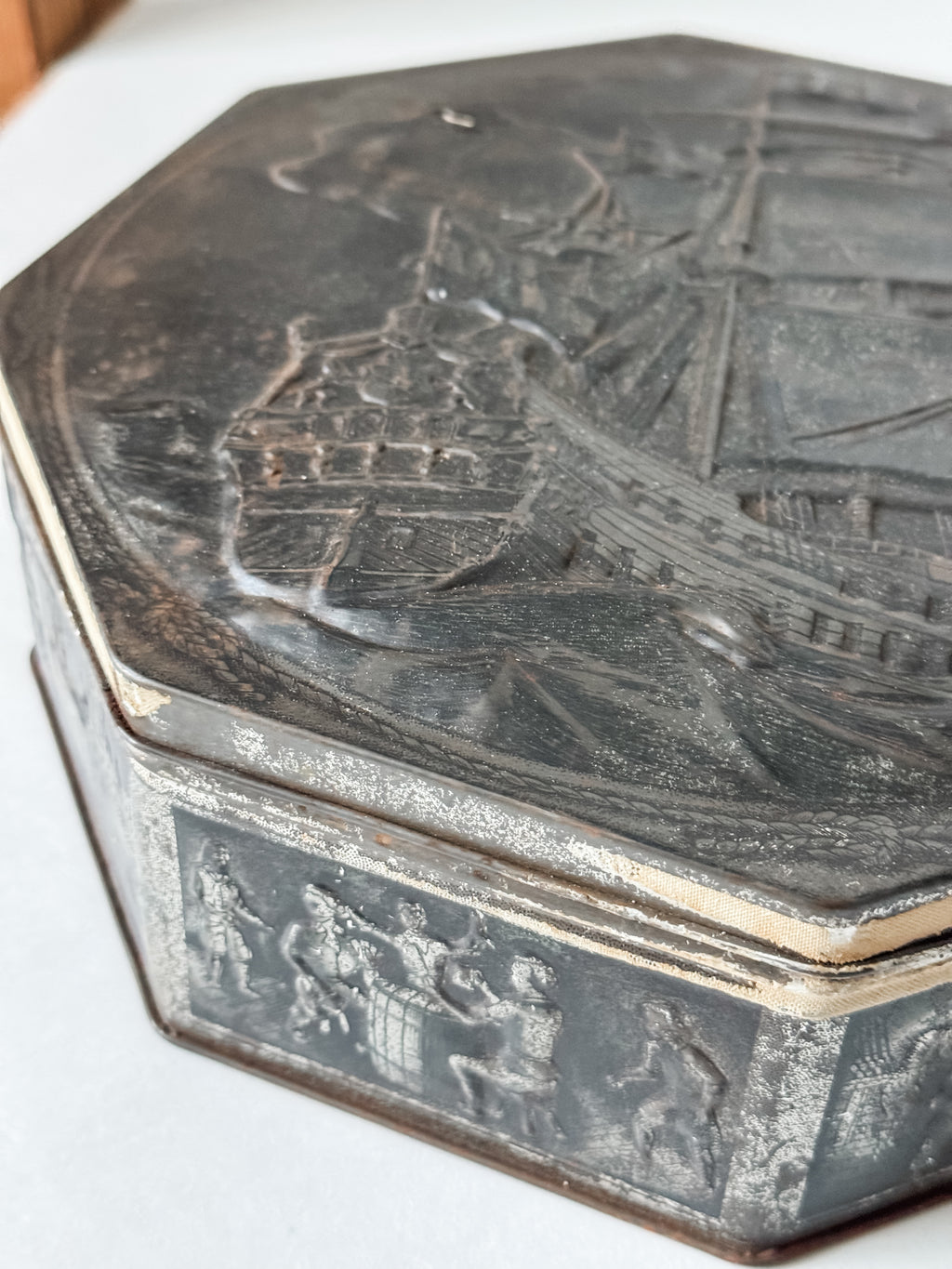 Vintage Metal Dutch Cookie Tin With Ships And Nautical Scenes