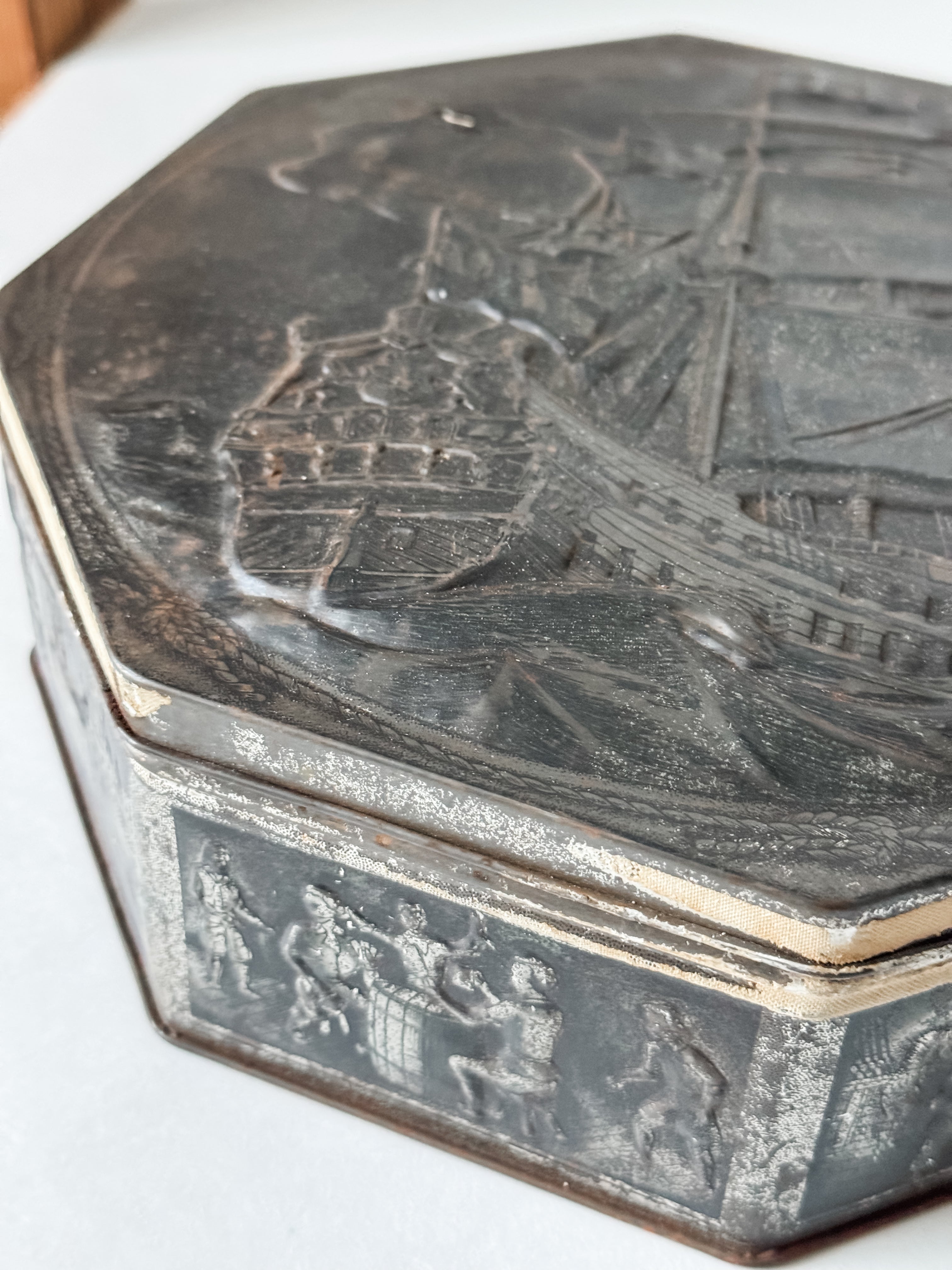 Vintage Metal Dutch Cookie Tin With Ships And Nautical Scenes