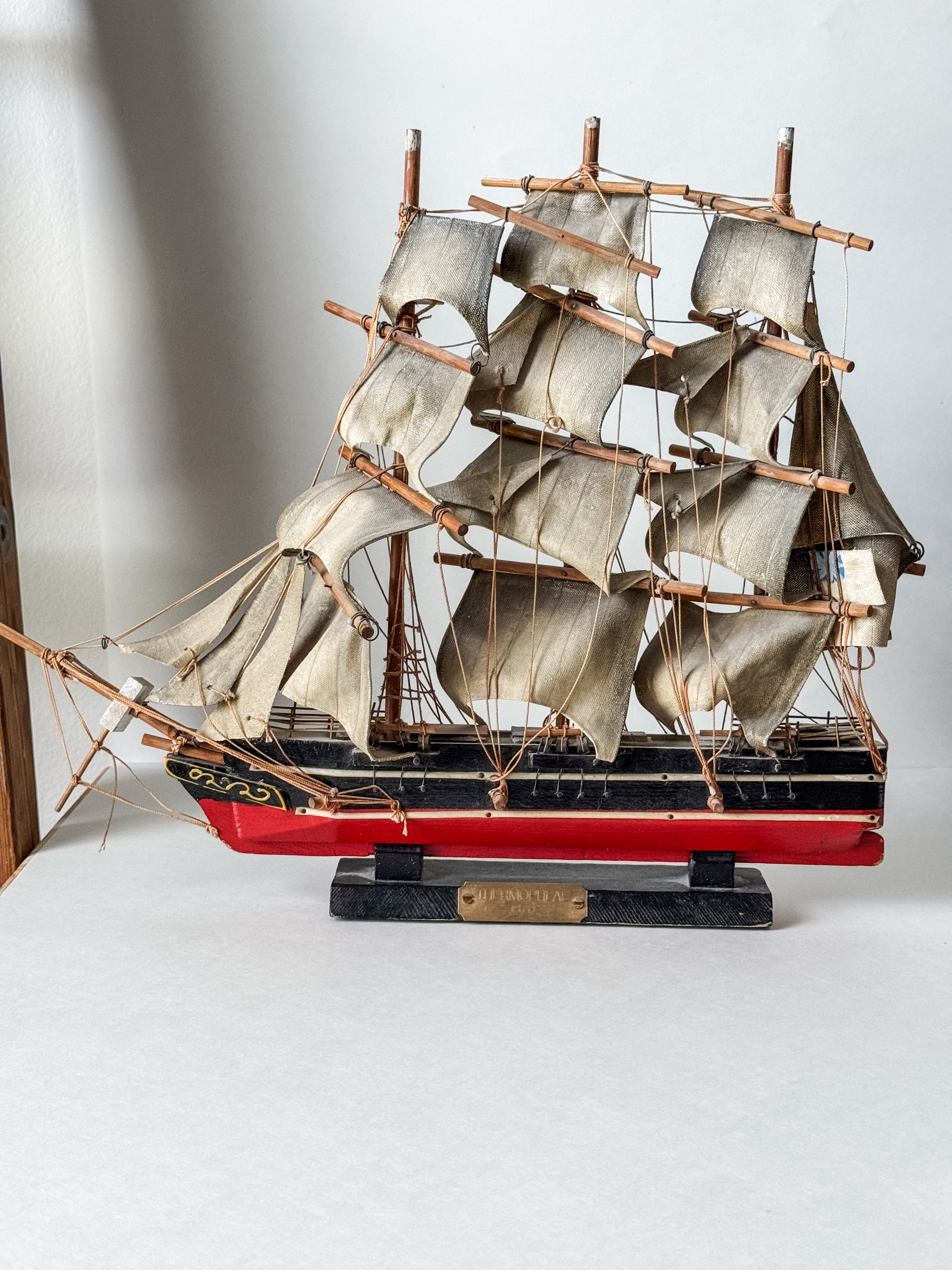 Vintage Wood And Cloth Painted Ship Replica Model
