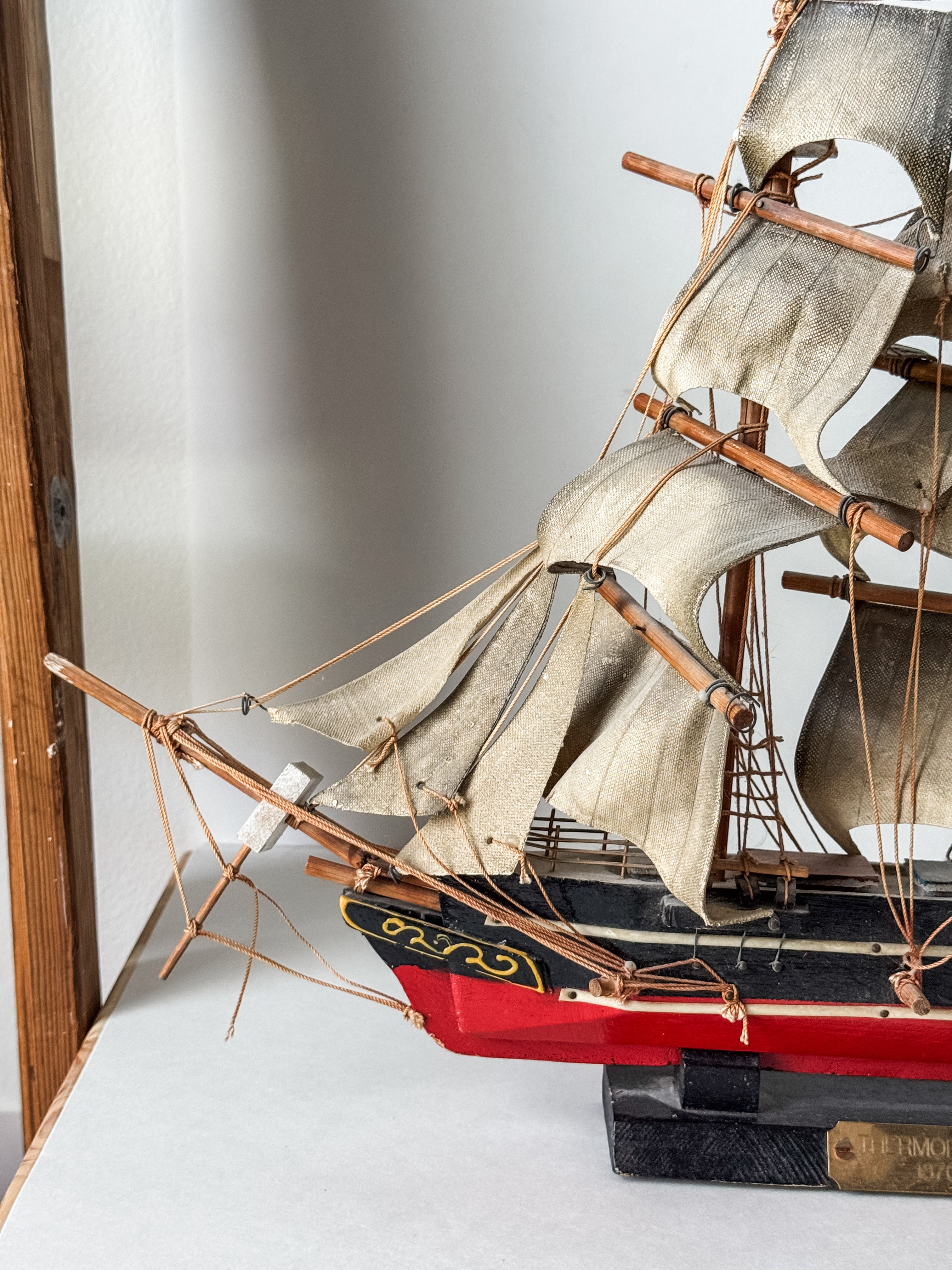 Vintage Wood And Cloth Painted Ship Replica Model