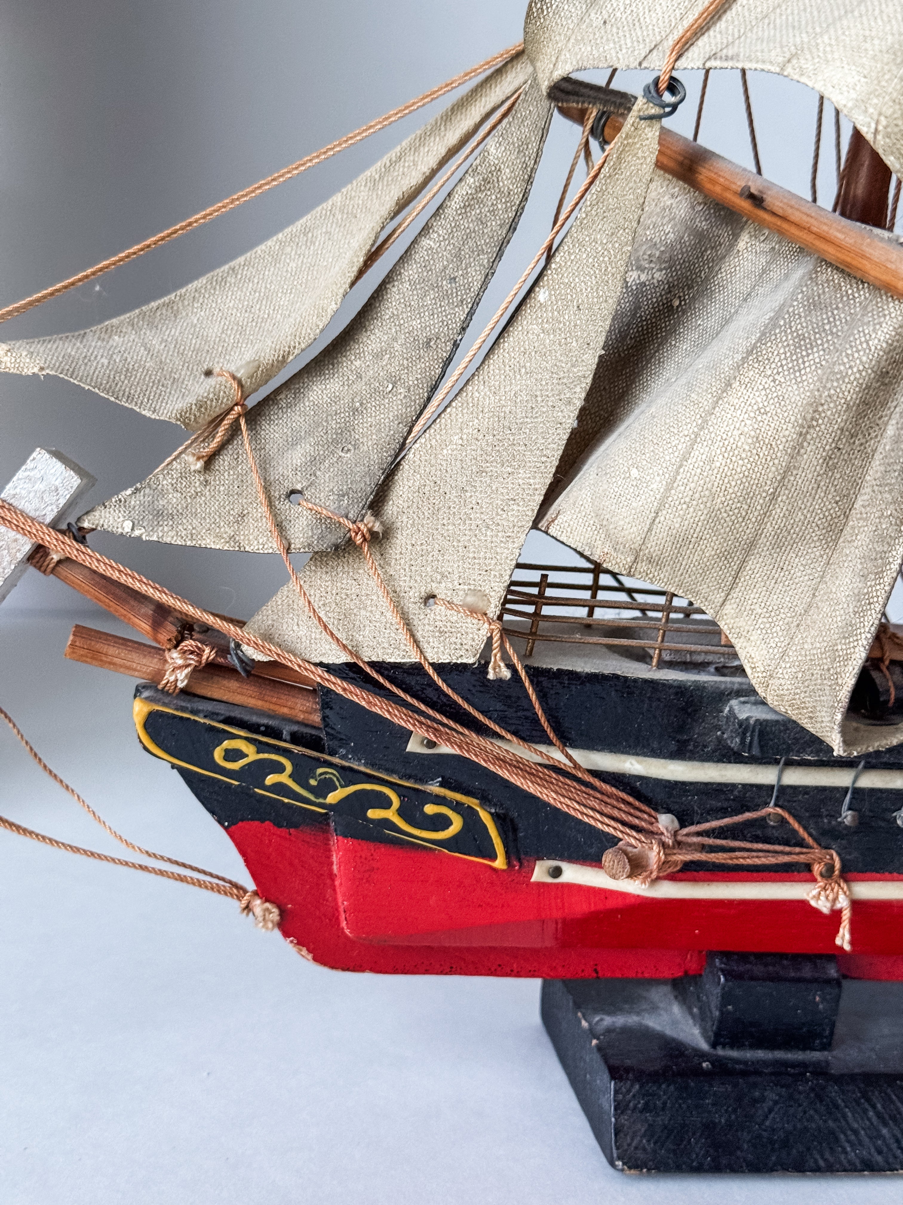 Vintage Wood And Cloth Painted Ship Replica Model