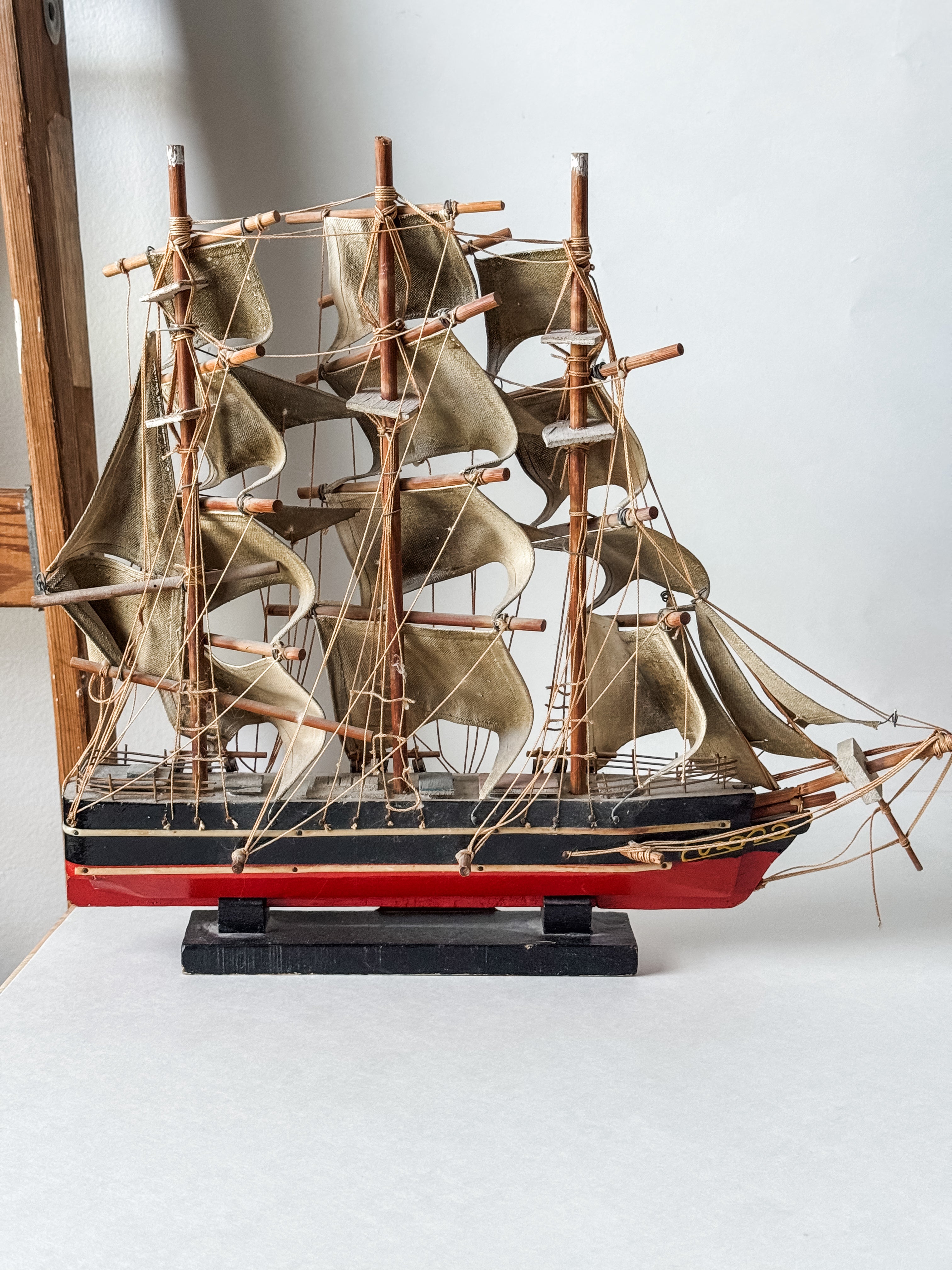 Vintage Wood And Cloth Painted Ship Replica Model