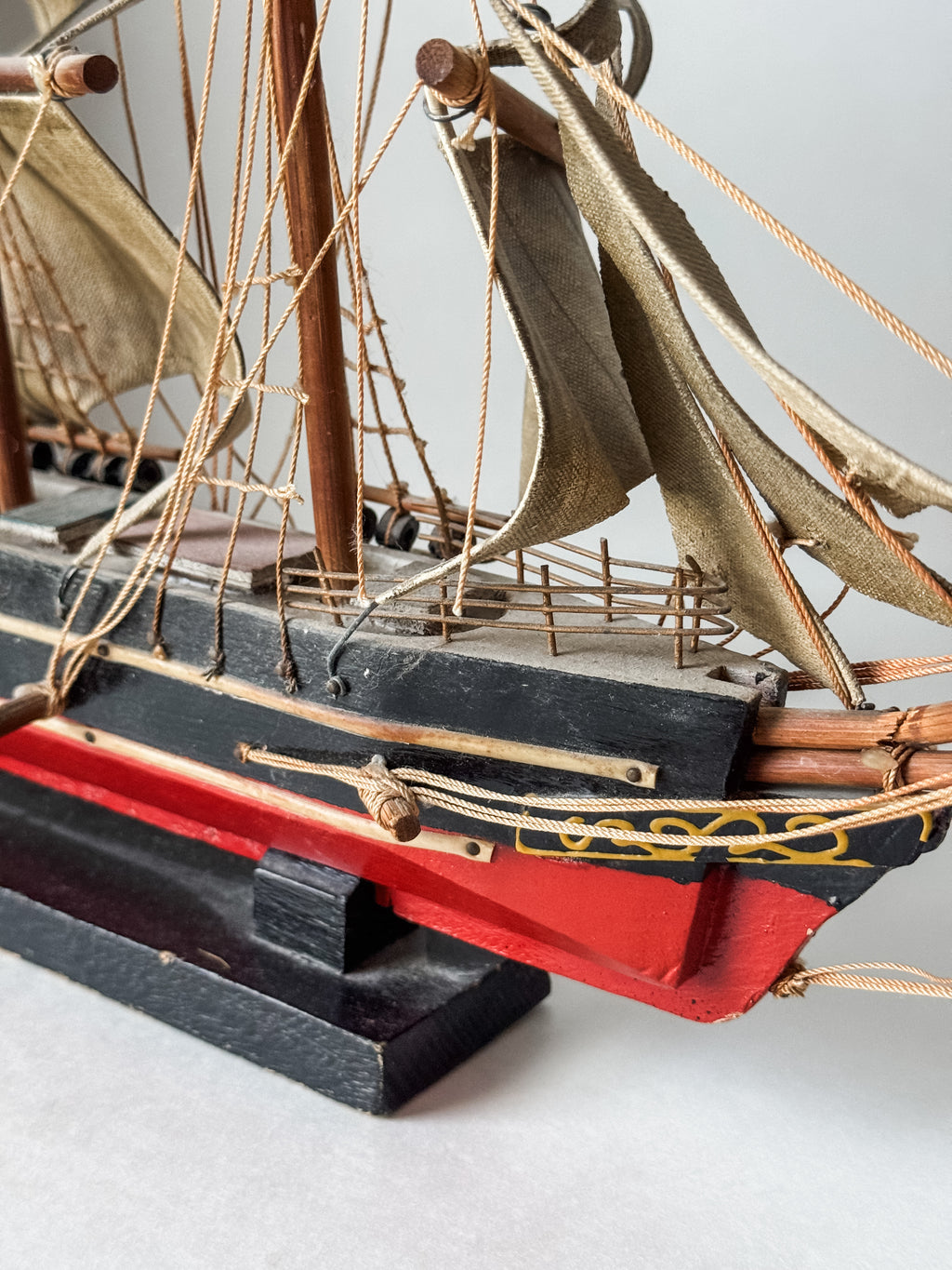 Vintage Wood And Cloth Painted Ship Replica Model