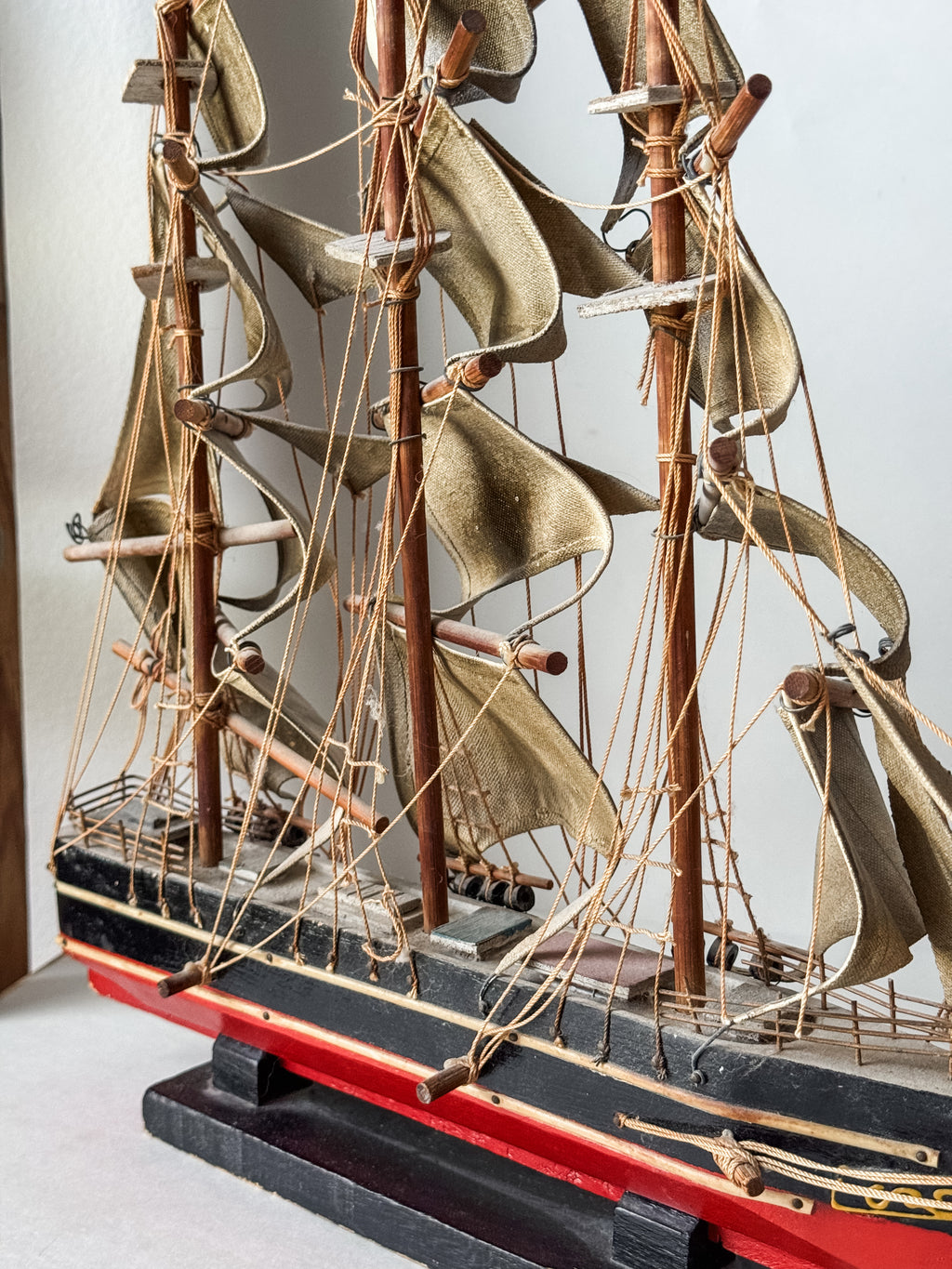 Vintage Wood And Cloth Painted Ship Replica Model