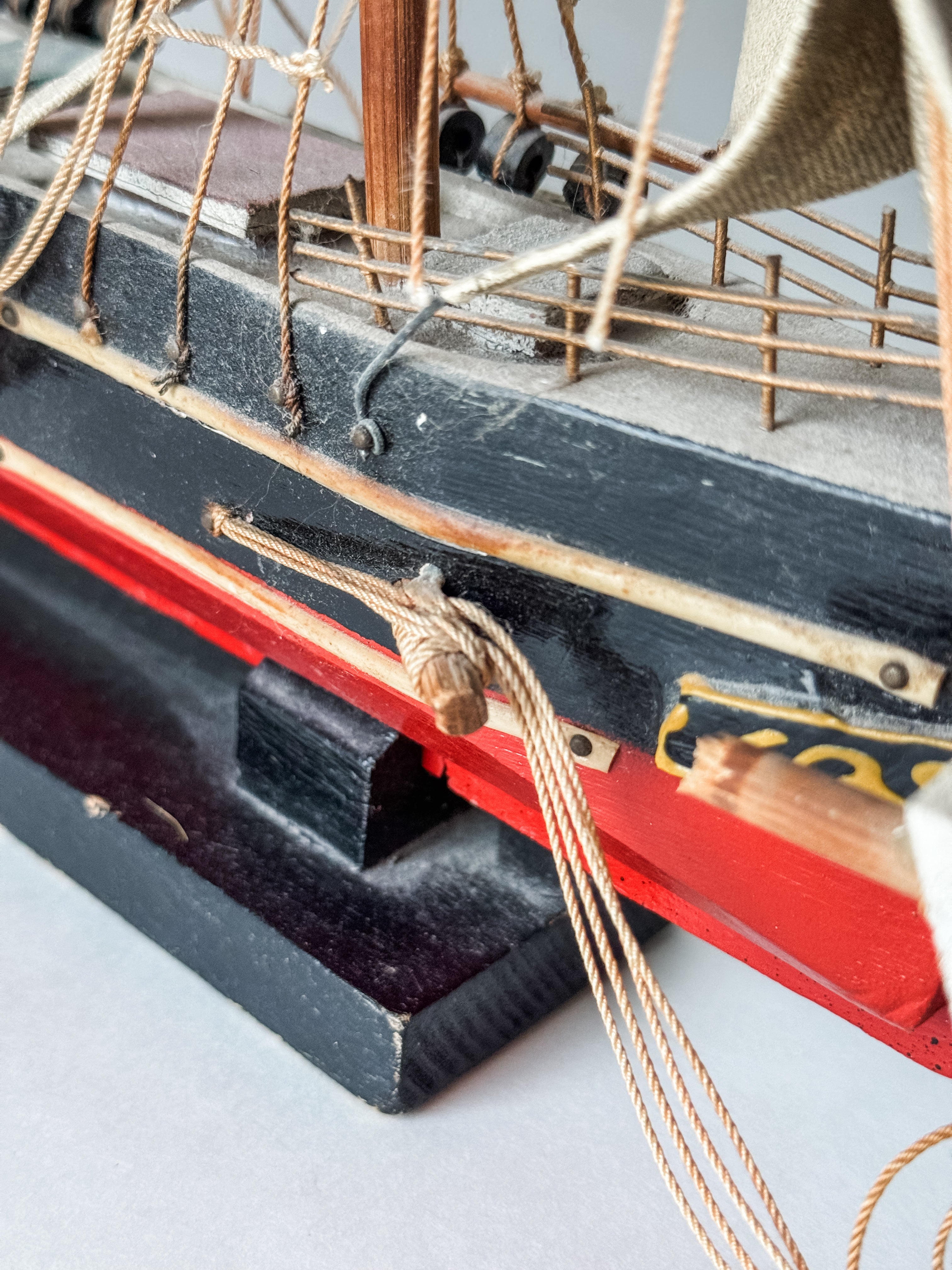 Vintage Wood And Cloth Painted Ship Replica Model