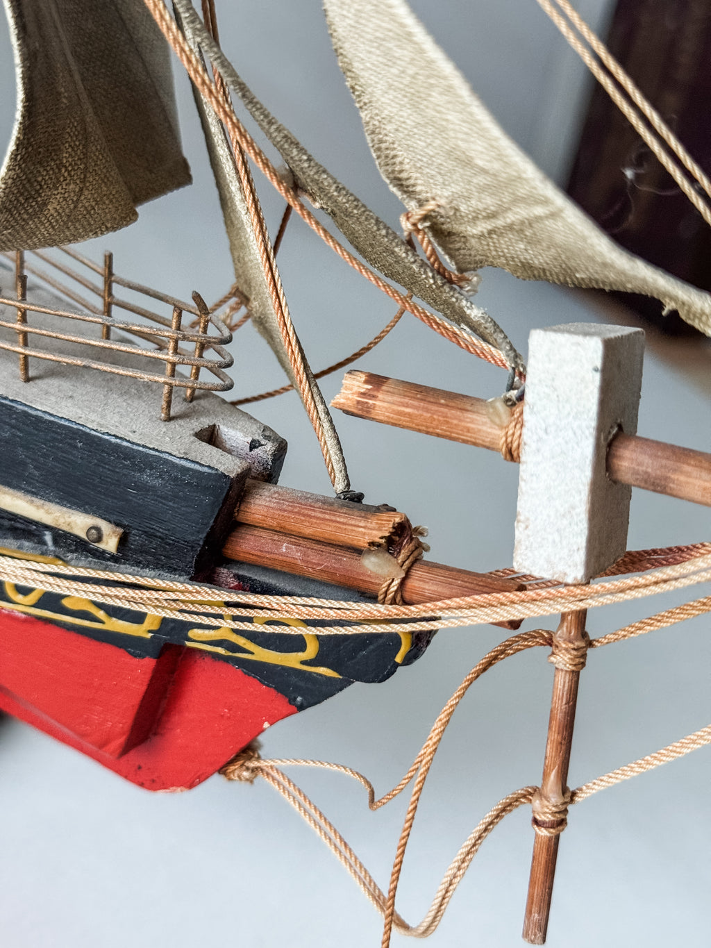 Vintage Wood And Cloth Painted Ship Replica Model