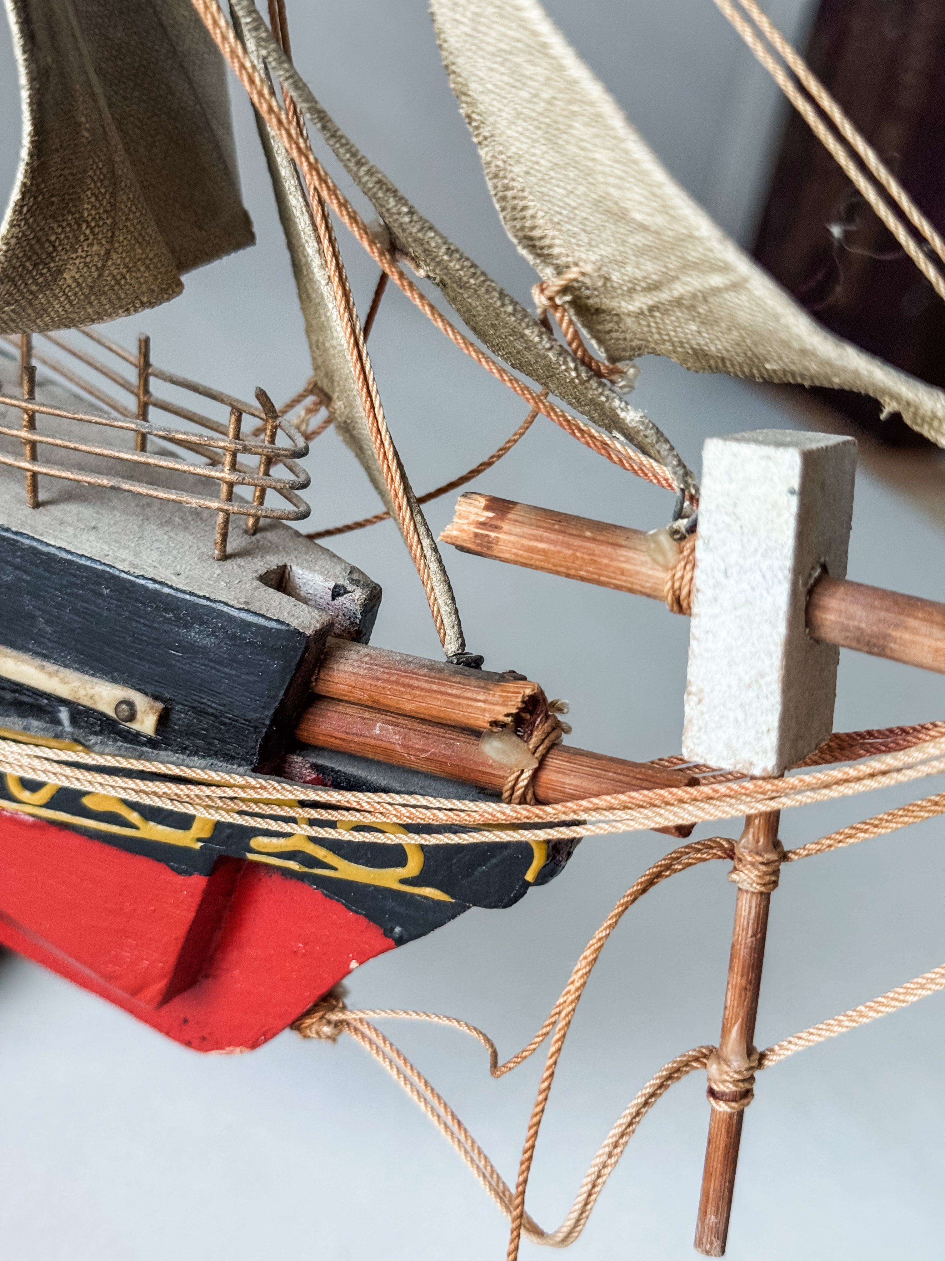 Vintage Wood And Cloth Painted Ship Replica Model