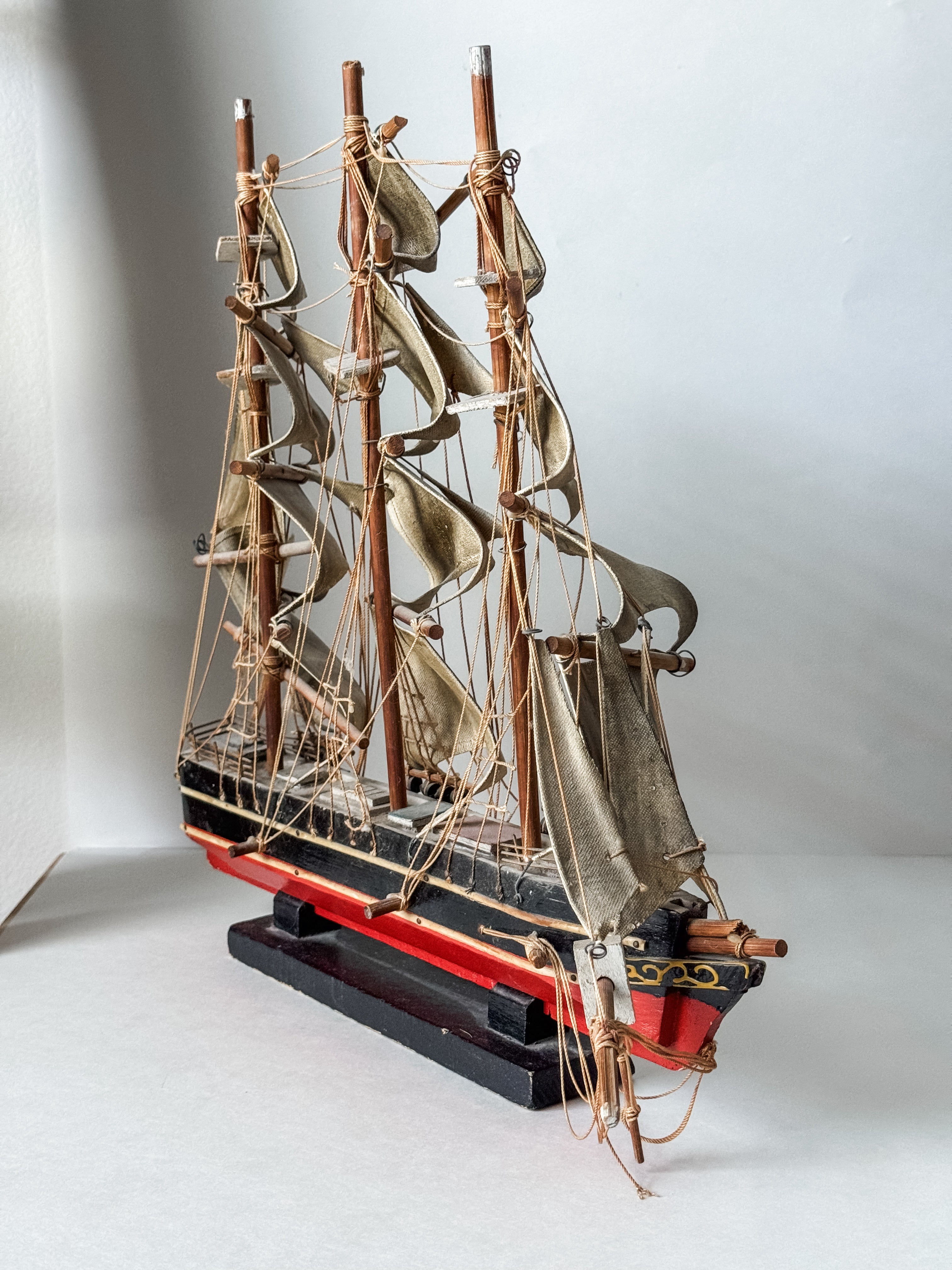 Vintage Wood And Cloth Painted Ship Replica Model