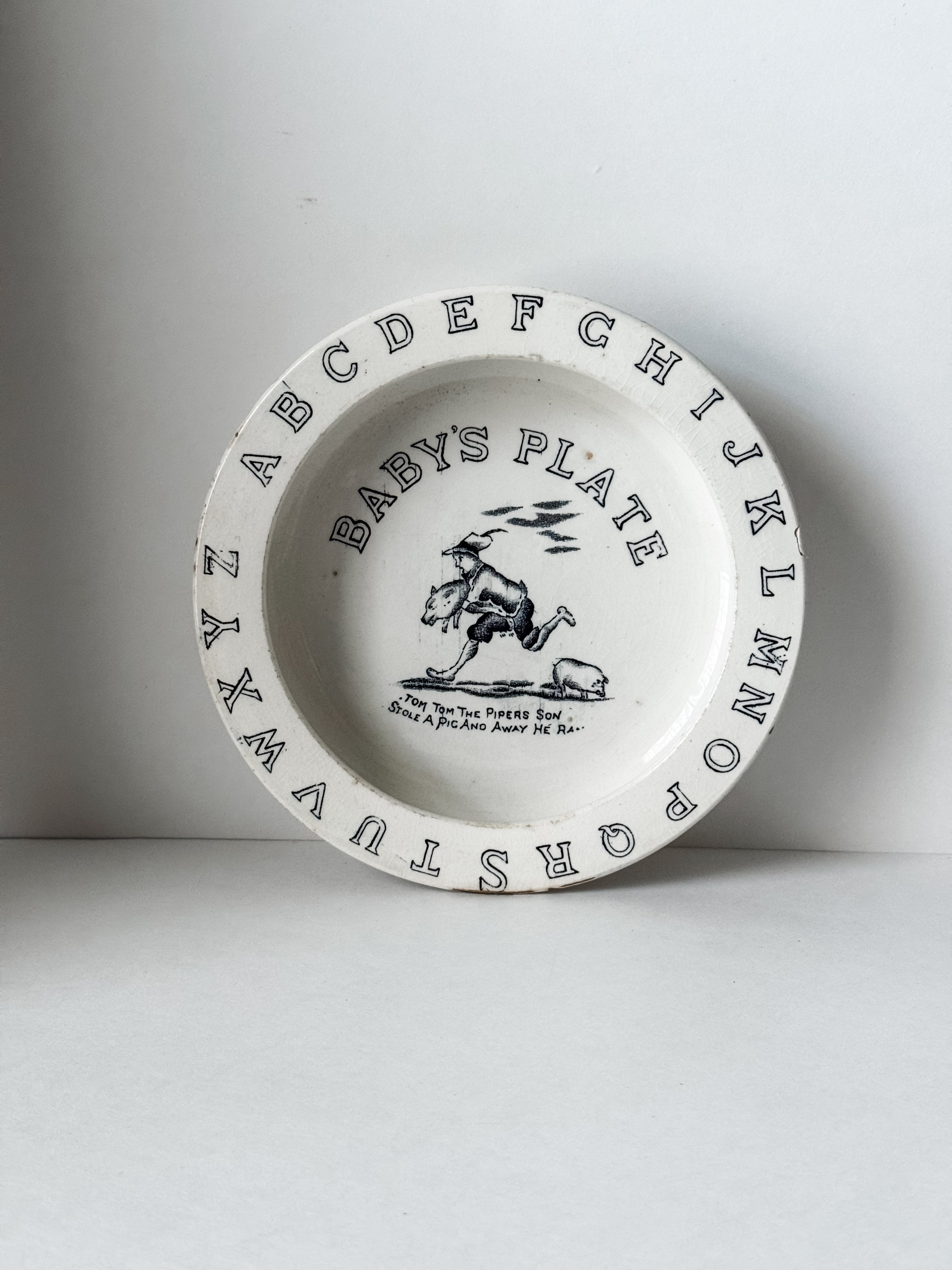 Antique English  Ironstone Black And White Alphabet Child's Plate