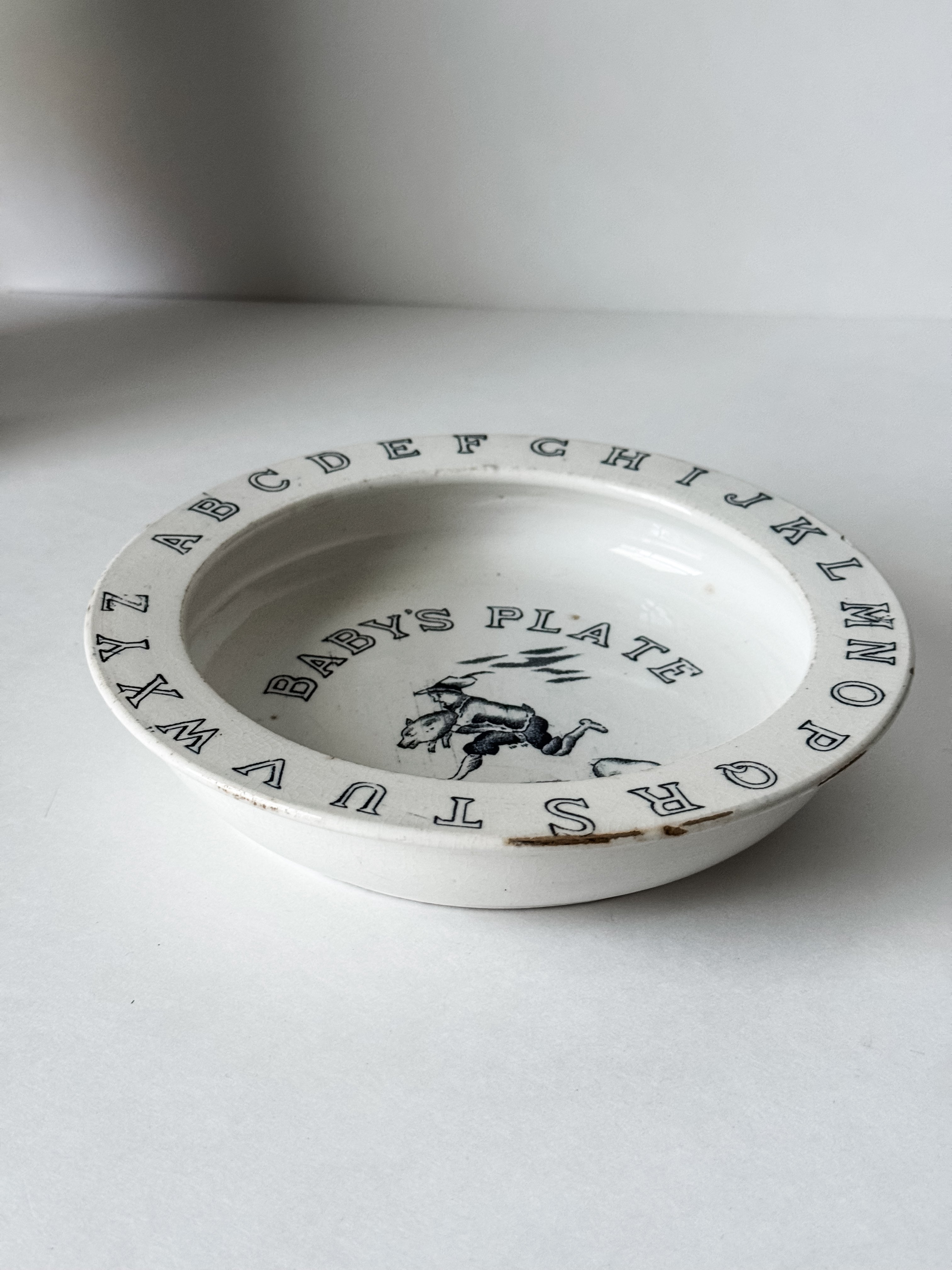 Antique English  Ironstone Black And White Alphabet Child's Plate