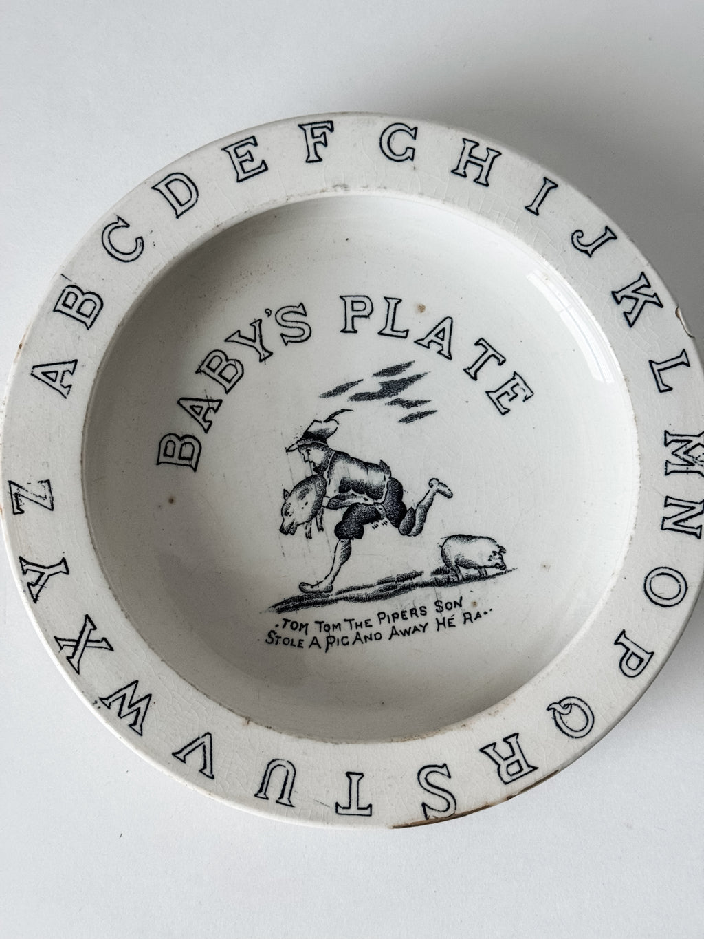 Antique English  Ironstone Black And White Alphabet Child's Plate