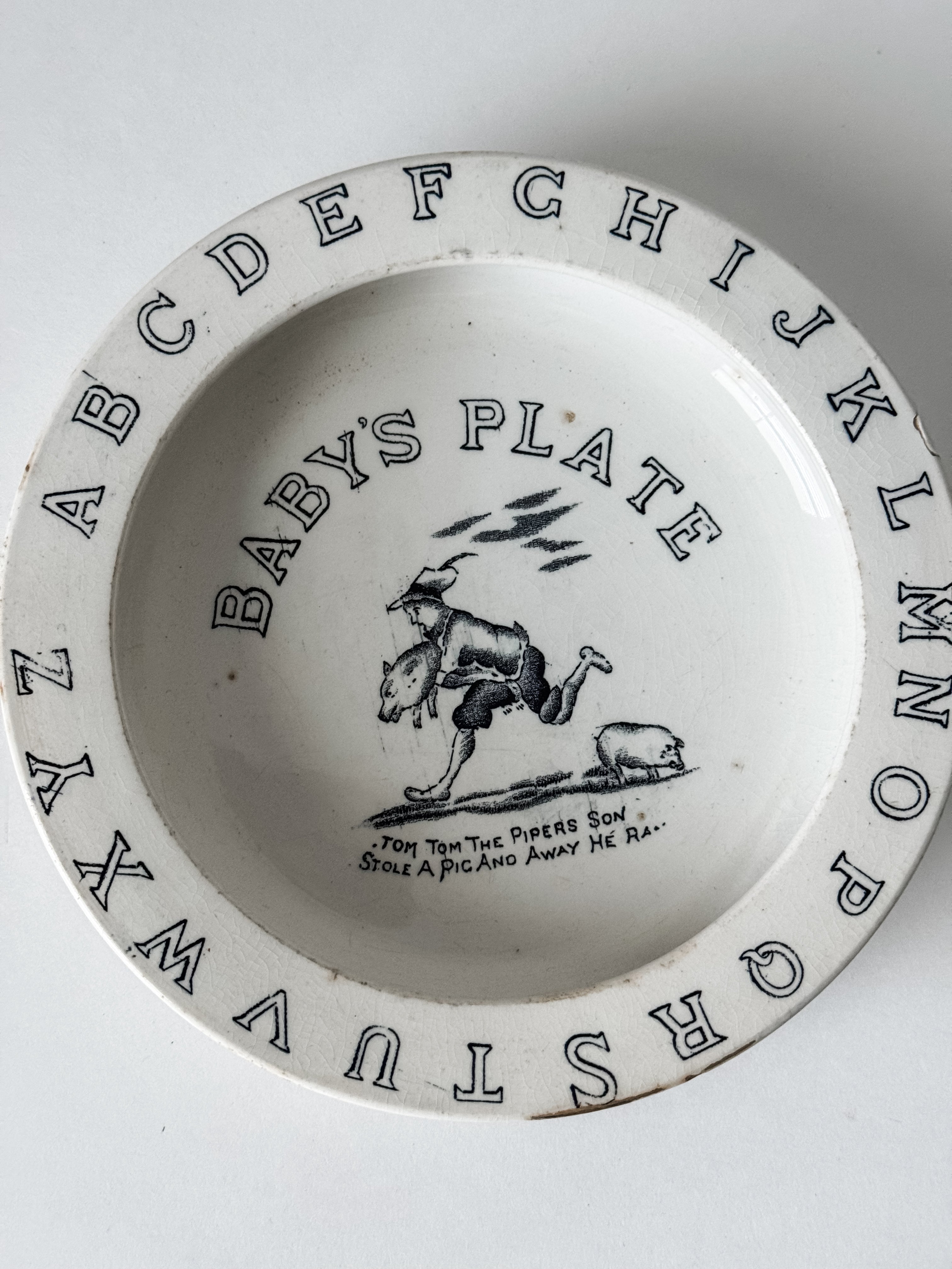 Antique English  Ironstone Black And White Alphabet Child's Plate