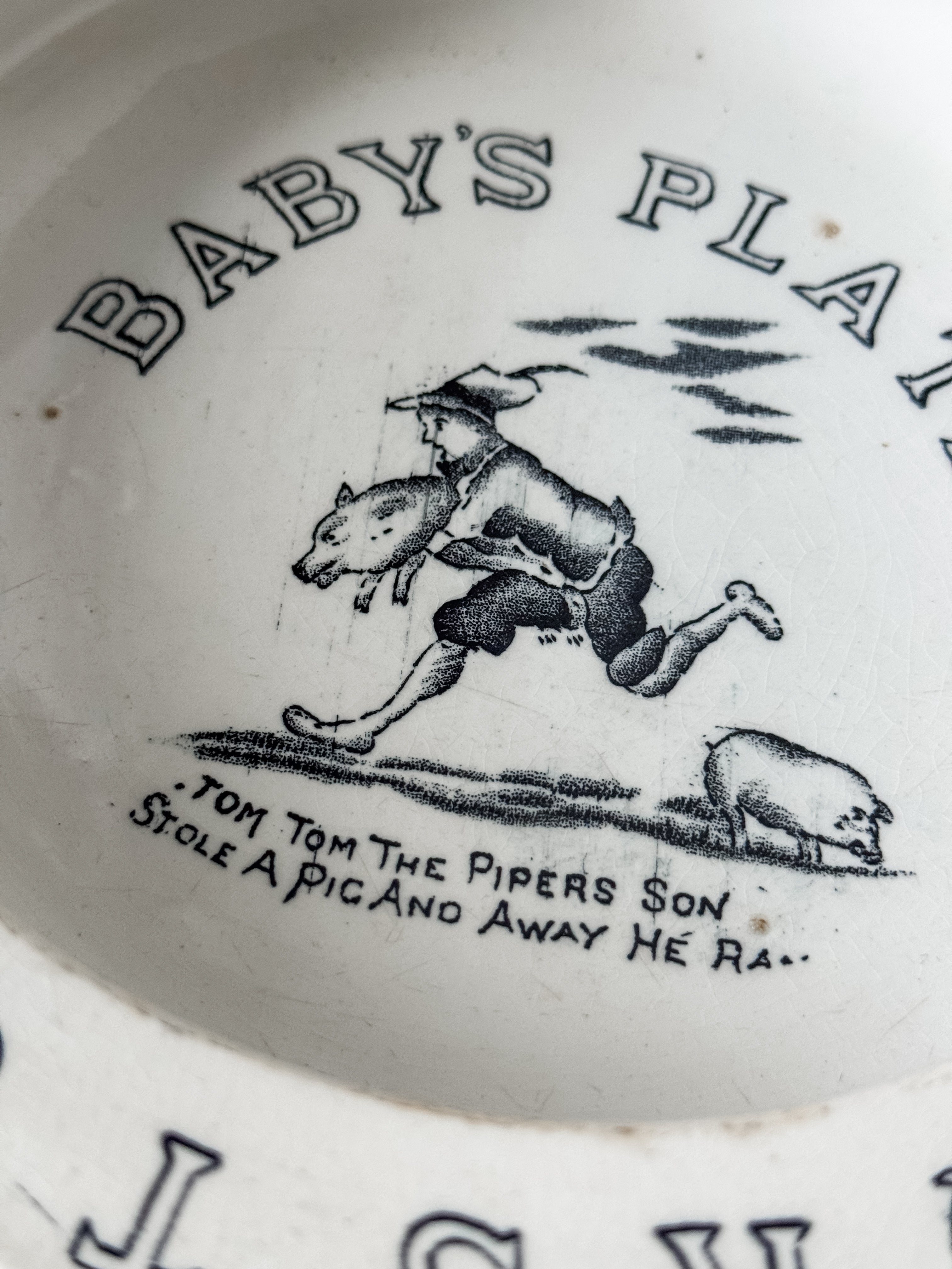 Antique English  Ironstone Black And White Alphabet Child's Plate