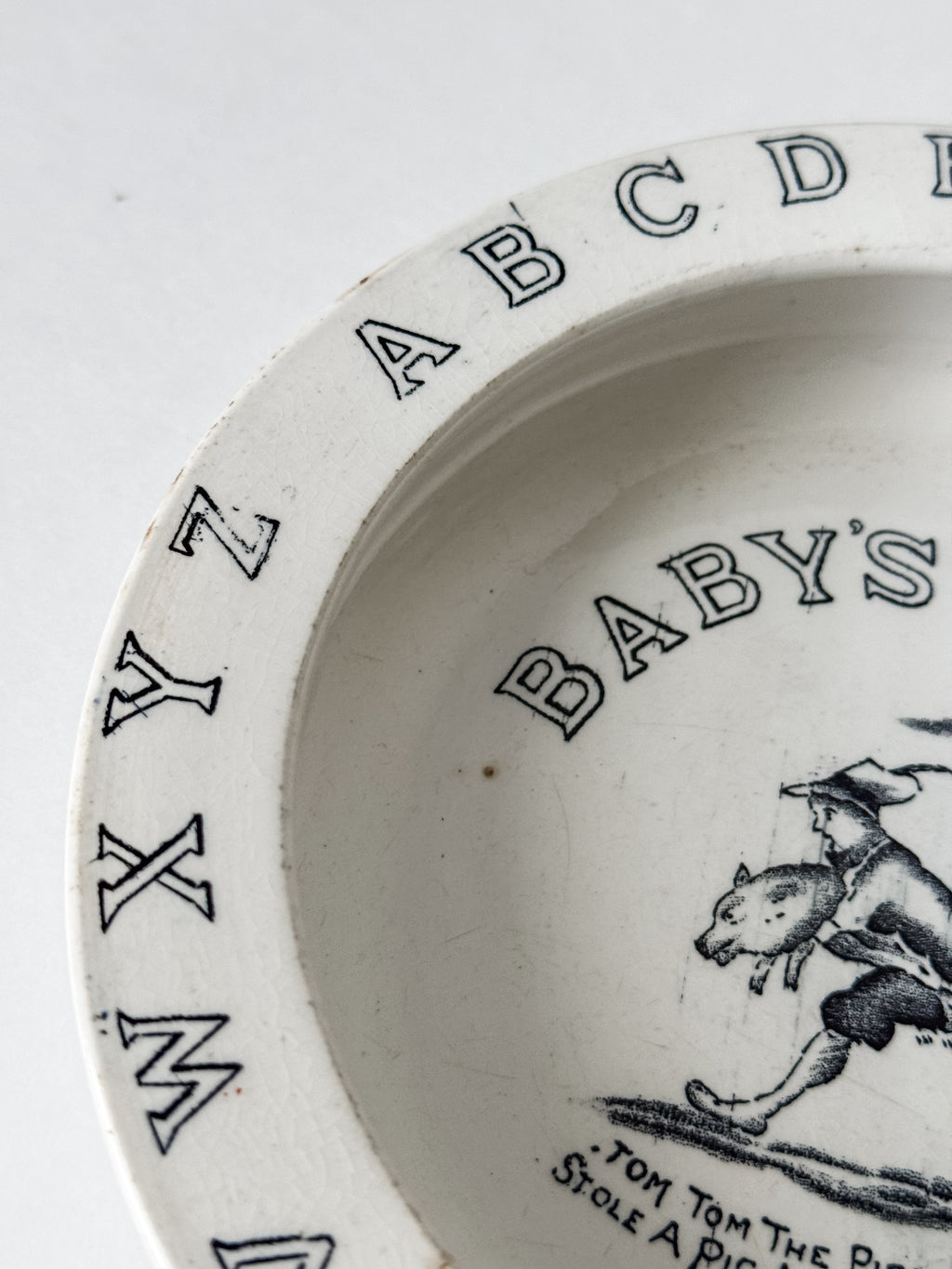 Antique English  Ironstone Black And White Alphabet Child's Plate