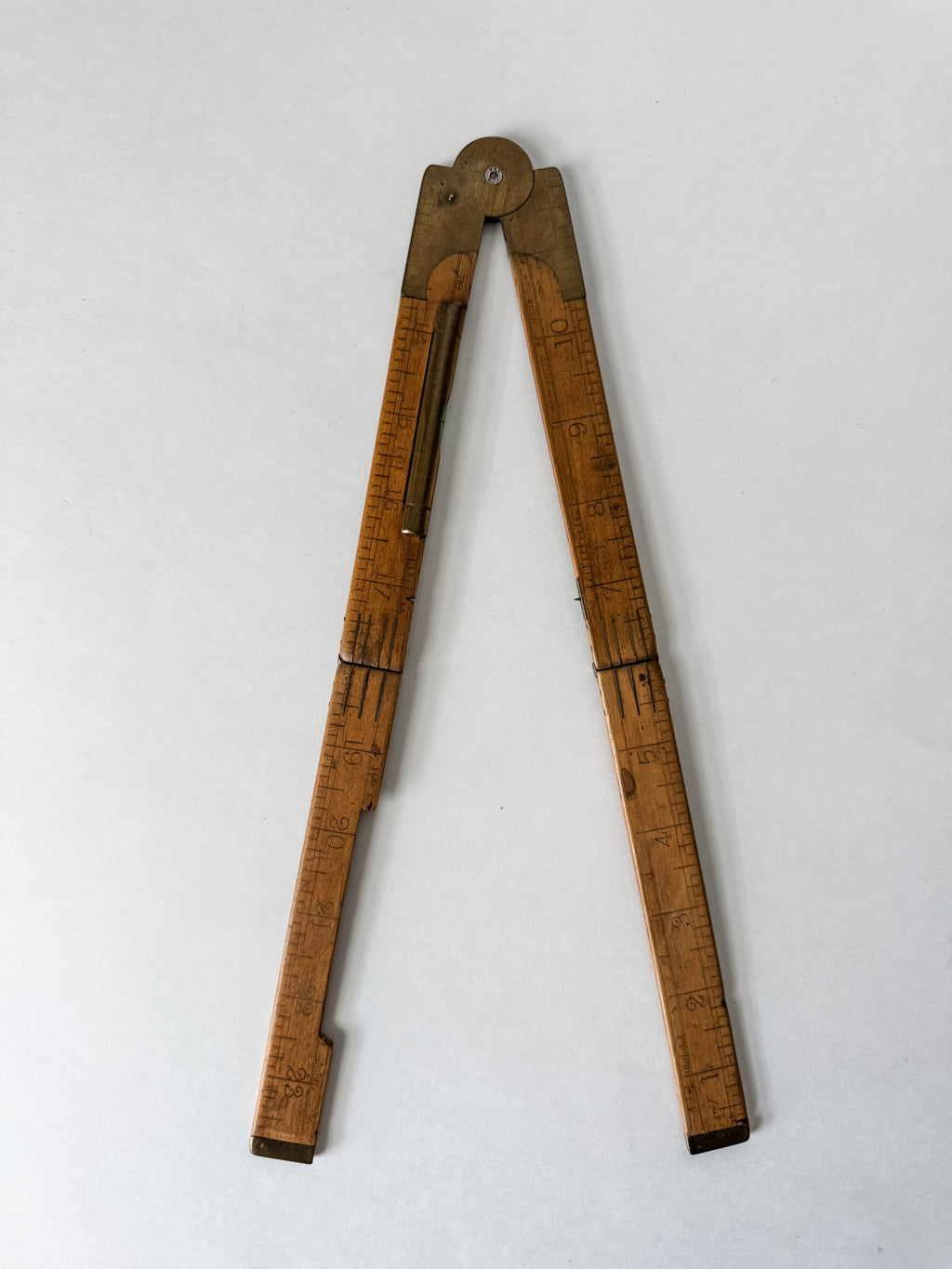 Antique Wood And Brass Folding Ruler With Level