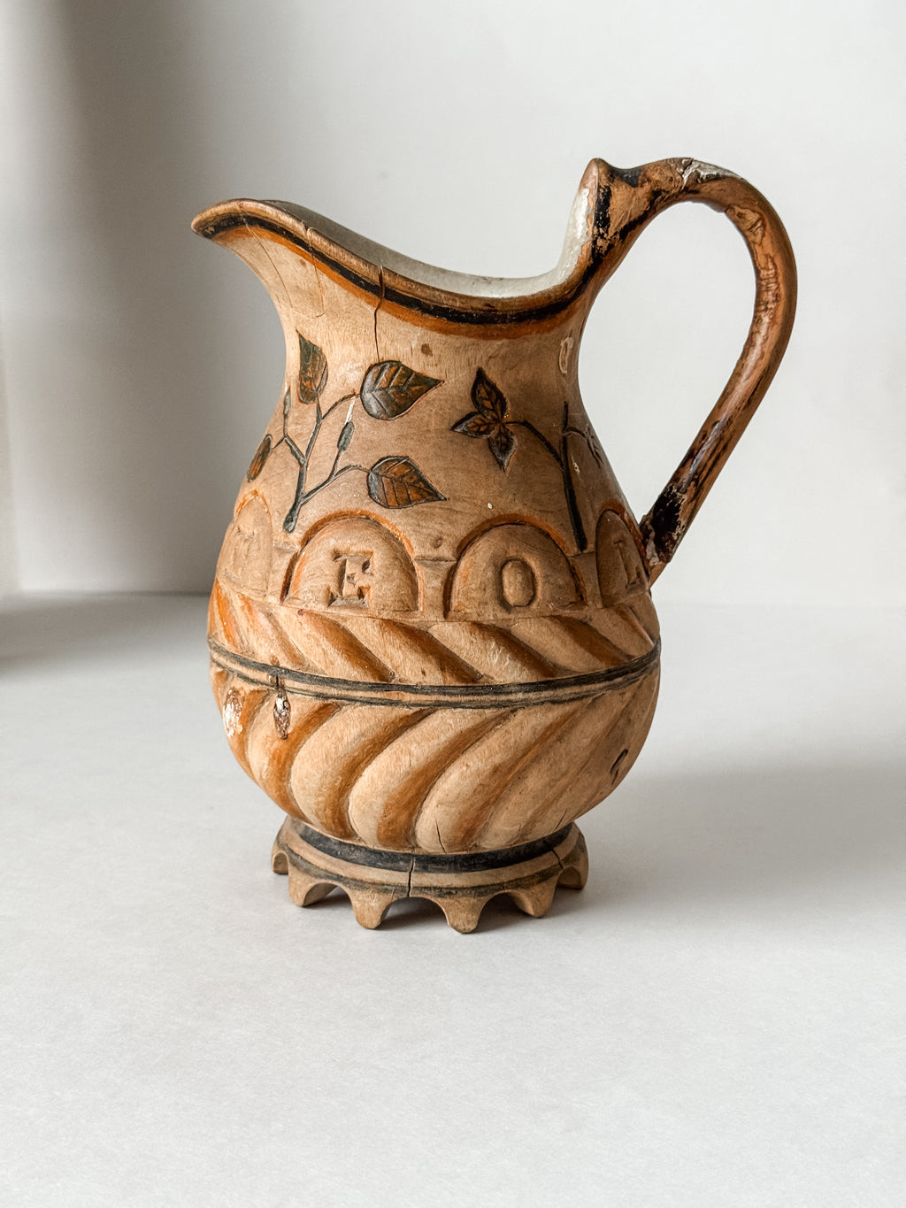 Antique Finnish Folk Art Wood Carved Pitcher