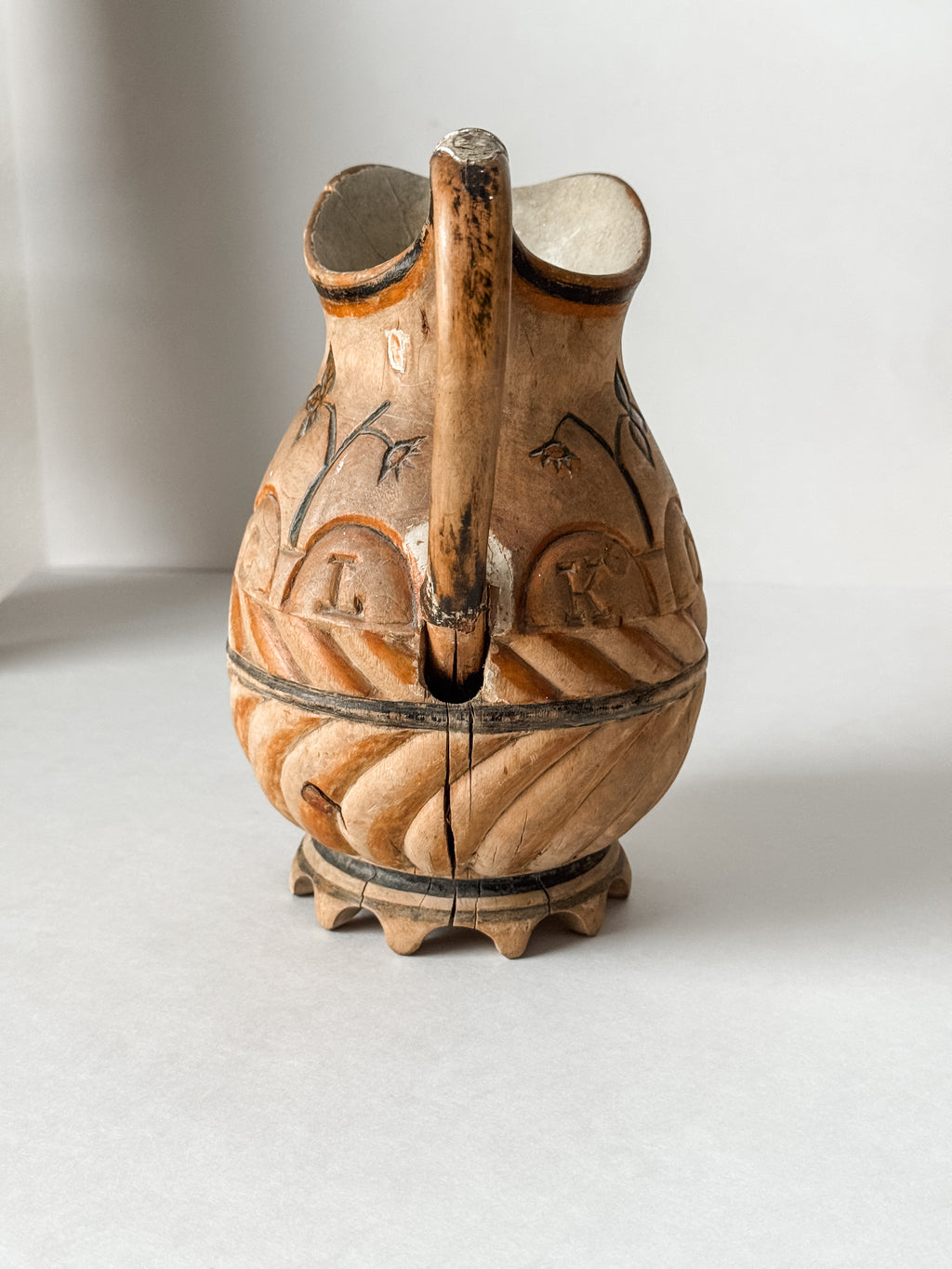 Antique Finnish Folk Art Wood Carved Pitcher