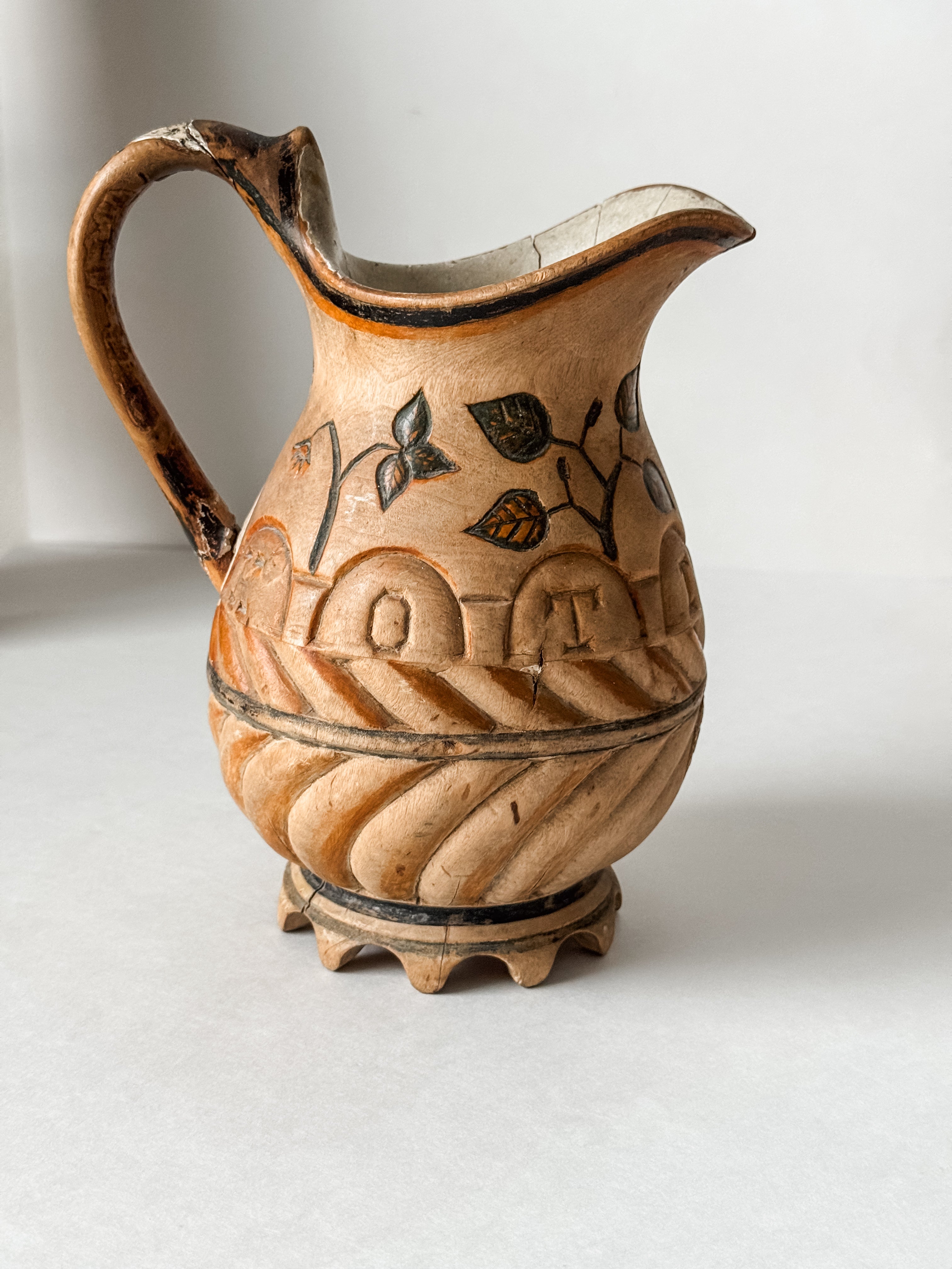 Antique Finnish Folk Art Wood Carved Pitcher