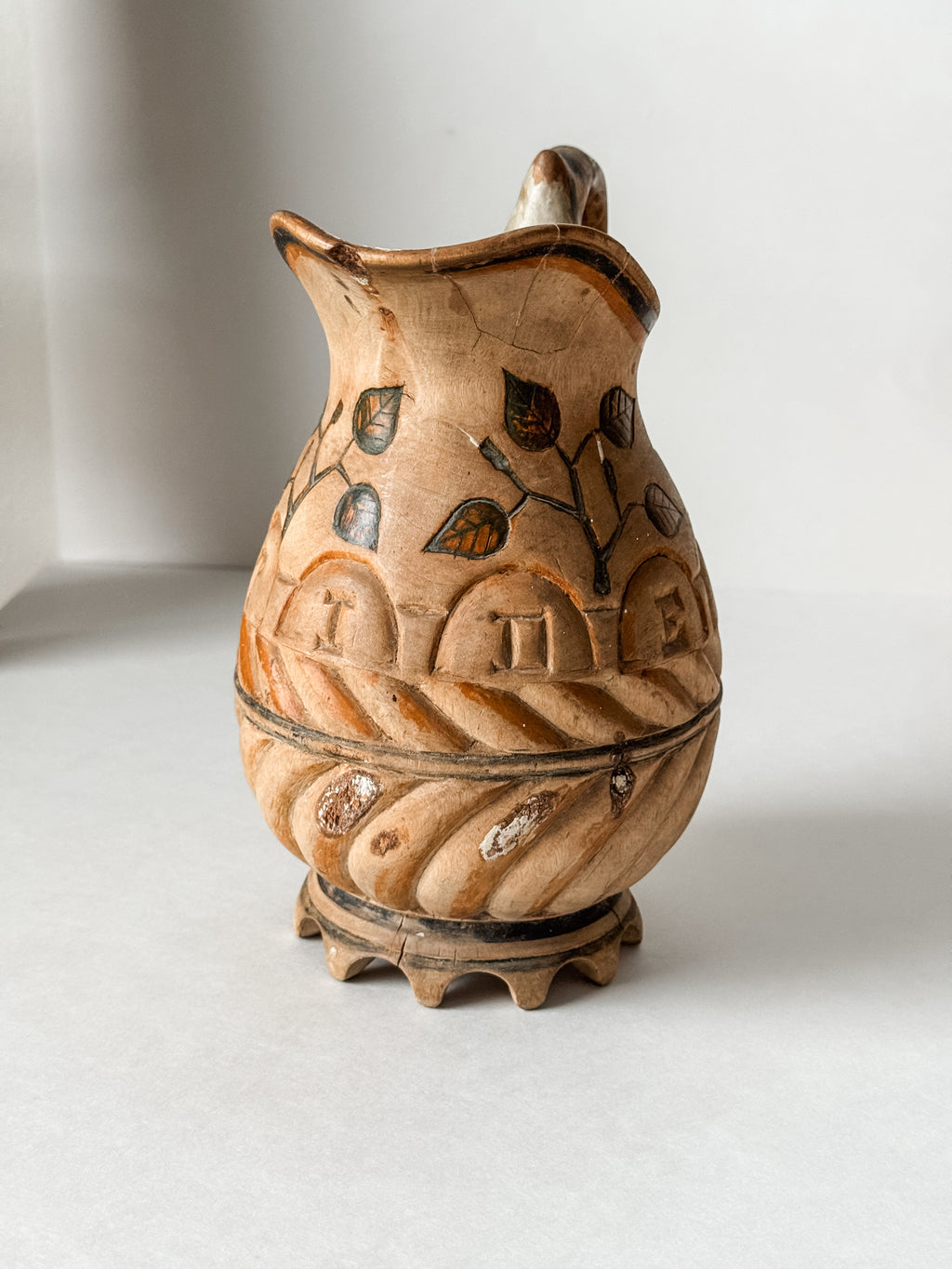 Antique Finnish Folk Art Wood Carved Pitcher
