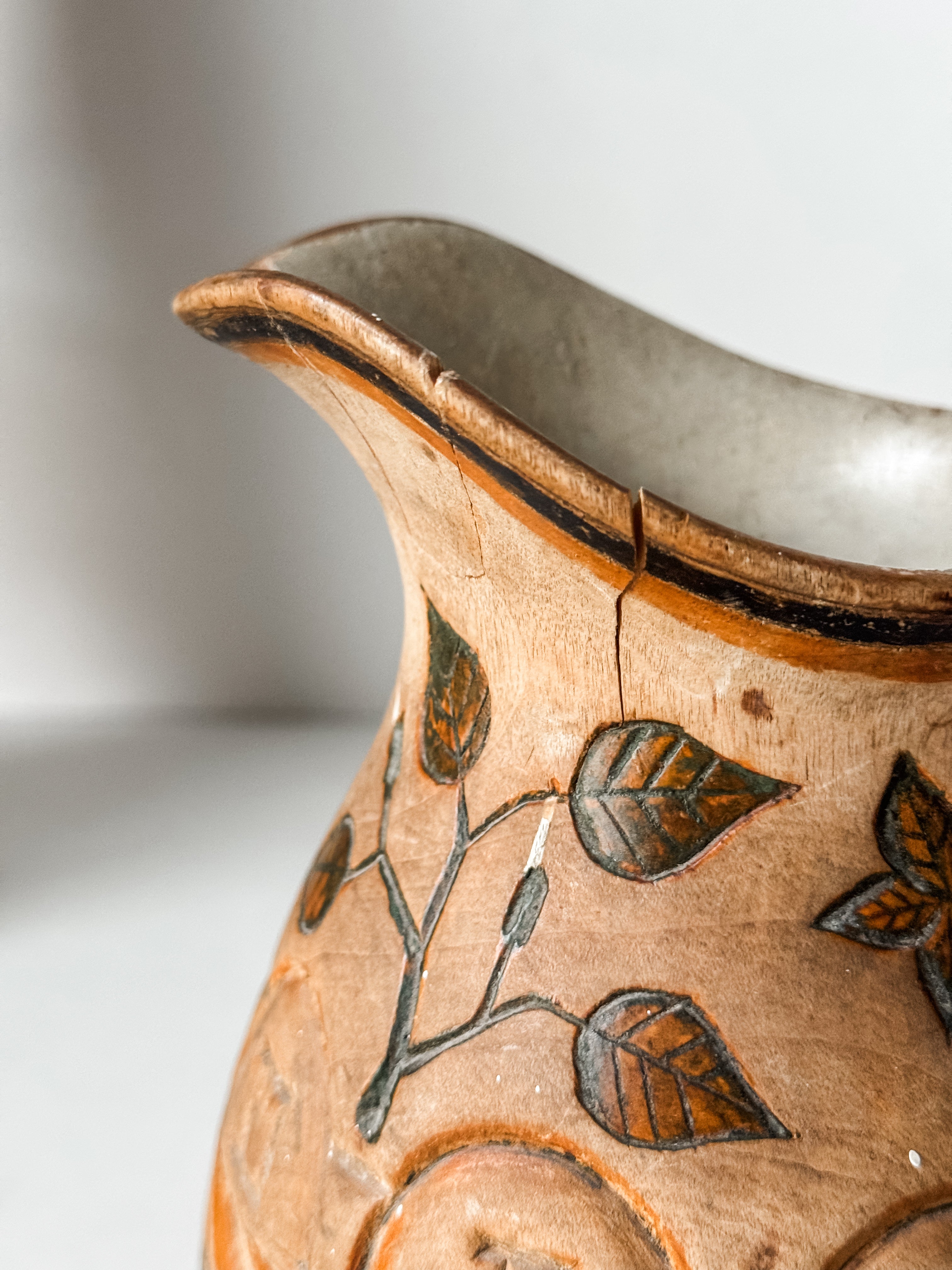 Antique Finnish Folk Art Wood Carved Pitcher