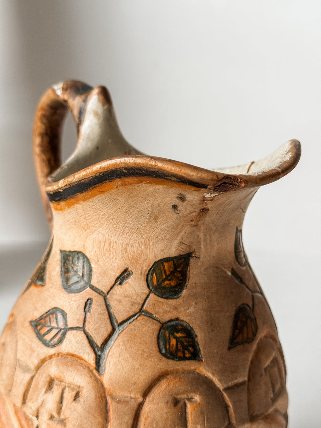 Antique Finnish Folk Art Wood Carved Pitcher