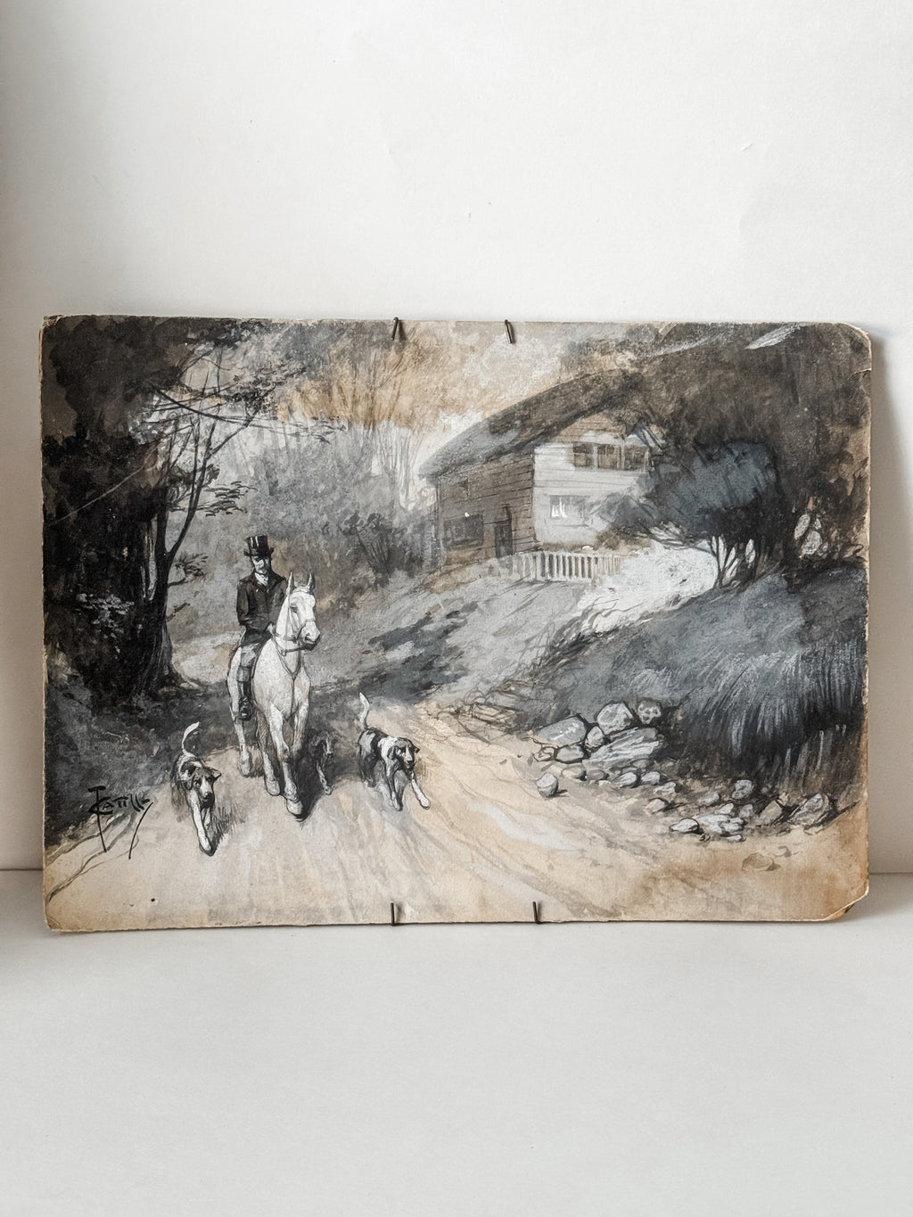 Vintage Watercolor Original Artwork Of Gentleman With Horse And Hounds