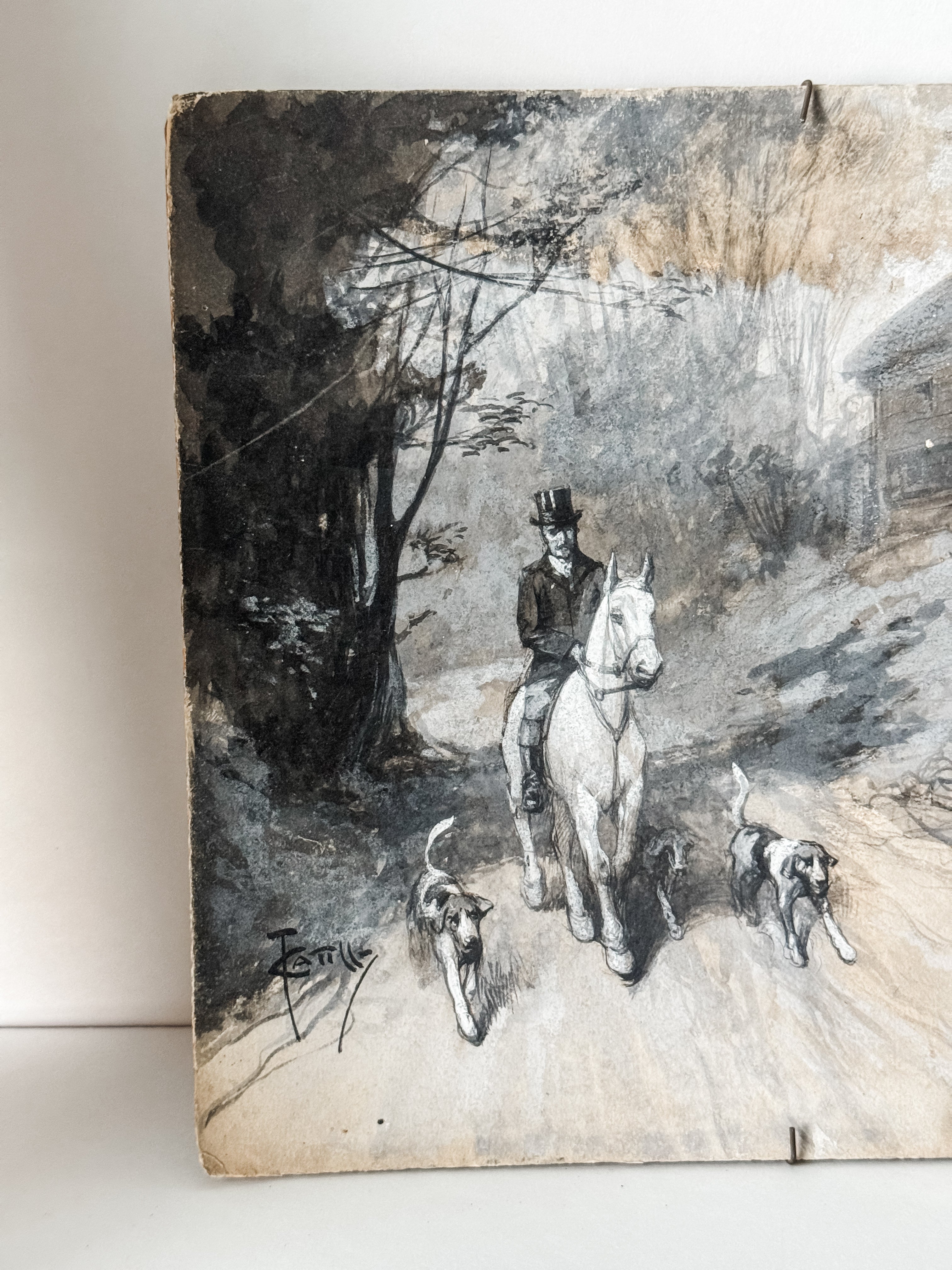 Vintage Watercolor Original Artwork Of Gentleman With Horse And Hounds