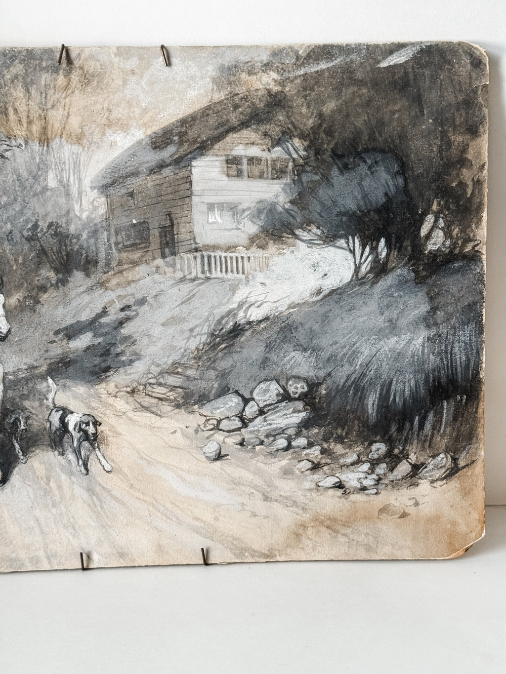 Vintage Watercolor Original Artwork Of Gentleman With Horse And Hounds
