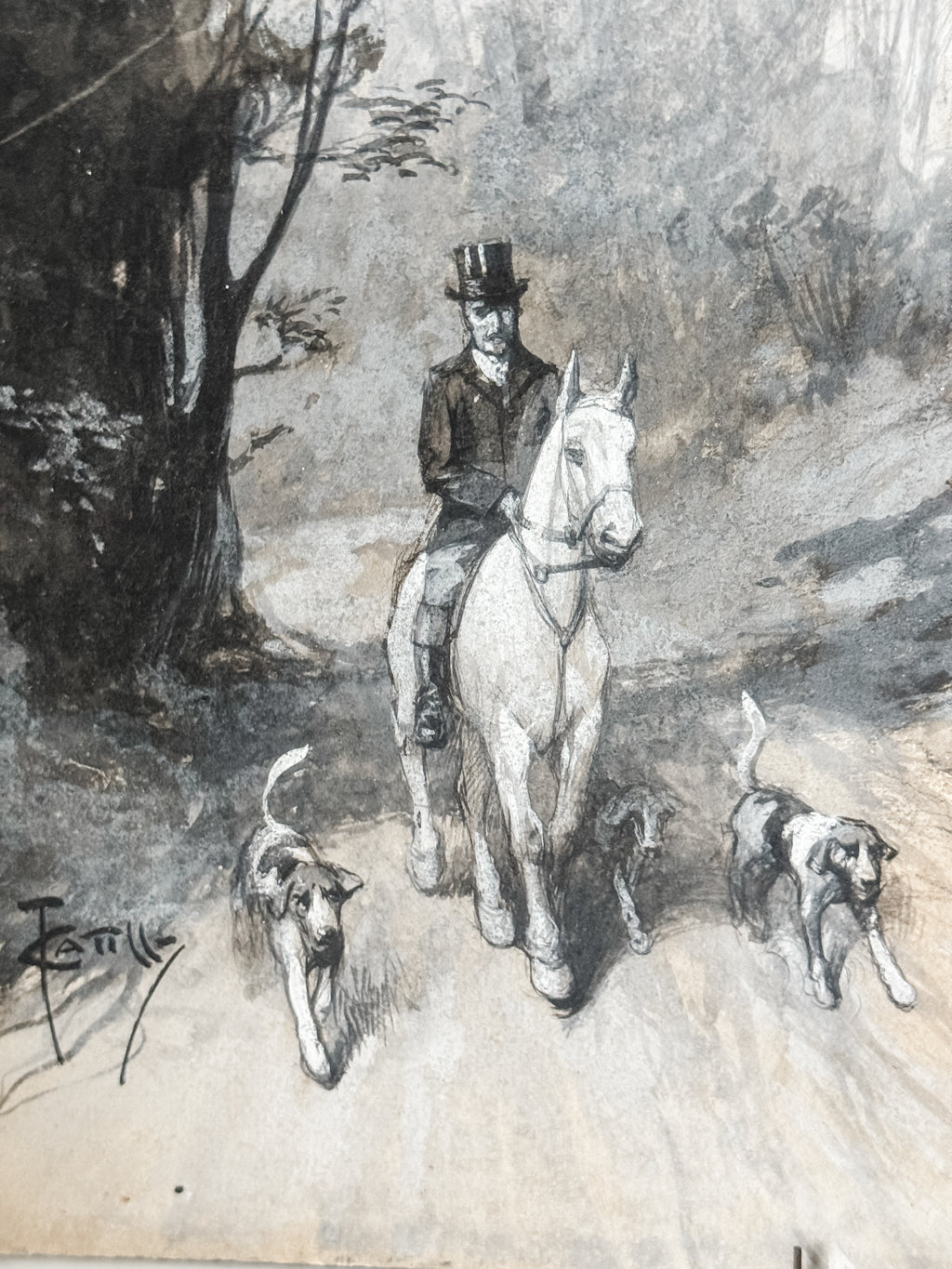 Vintage Watercolor Original Artwork Of Gentleman With Horse And Hounds