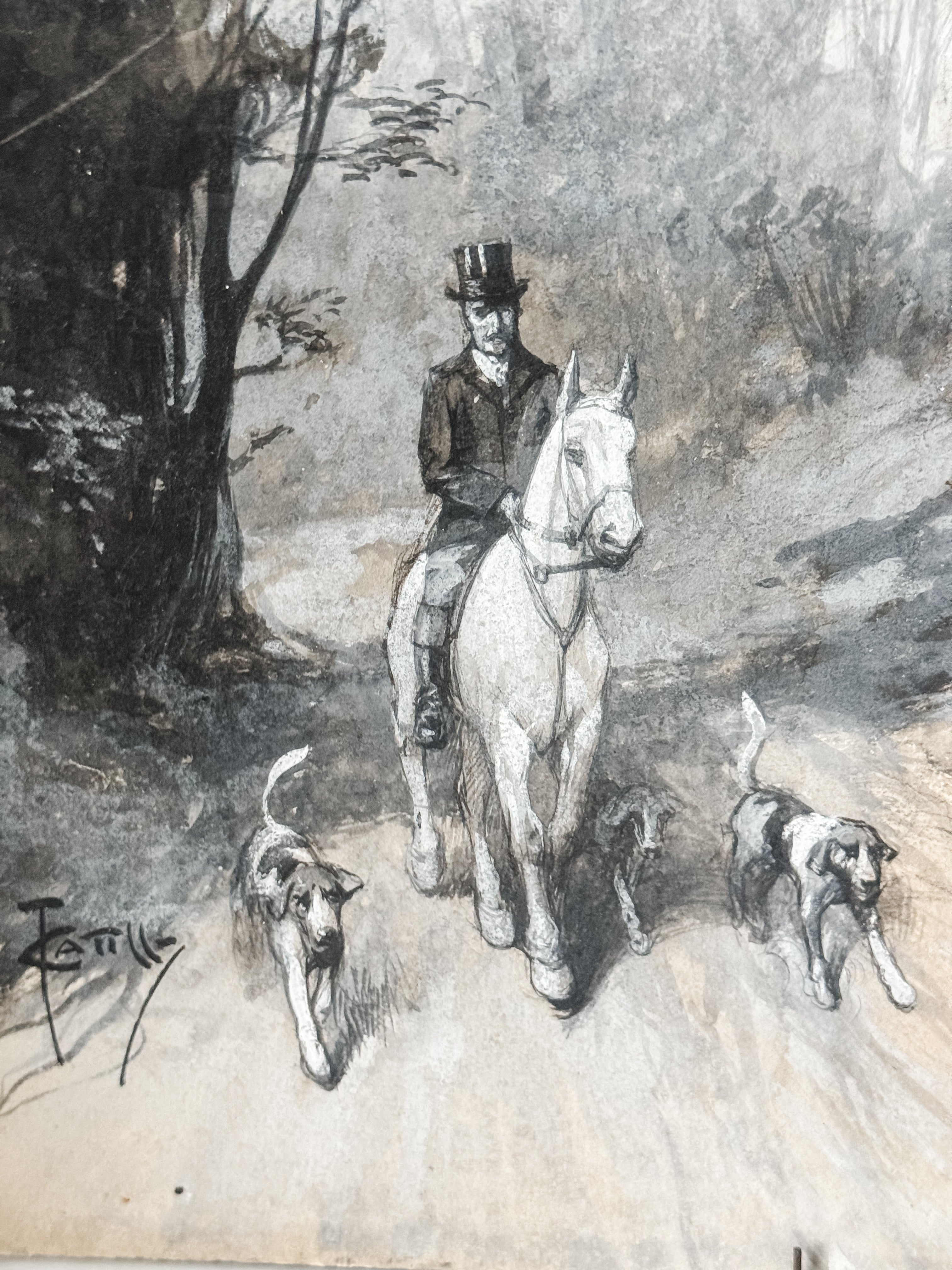 Vintage Watercolor Original Artwork Of Gentleman With Horse And Hounds