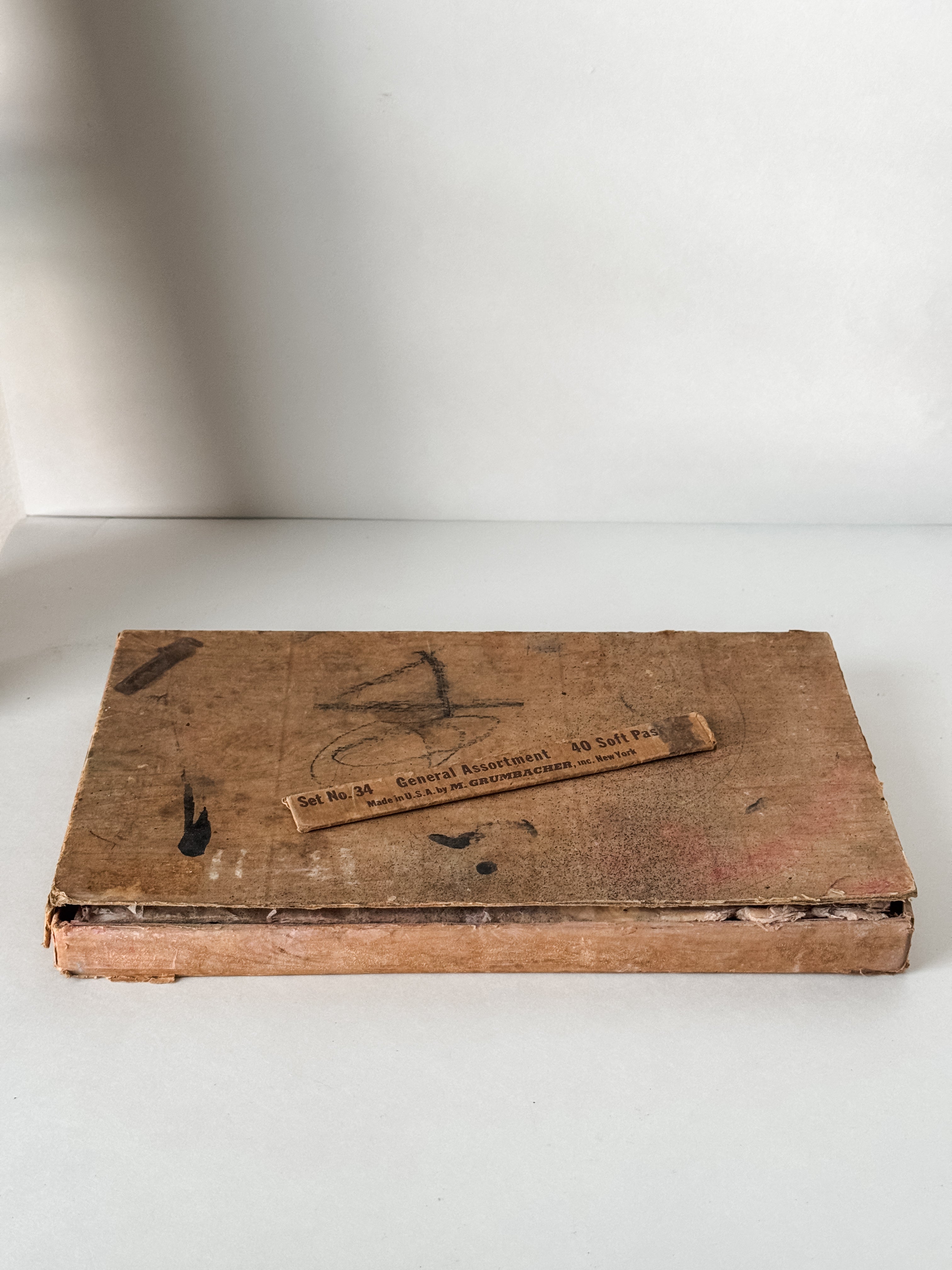 Tattered Vintage Cardboard Box Of Art Pastels