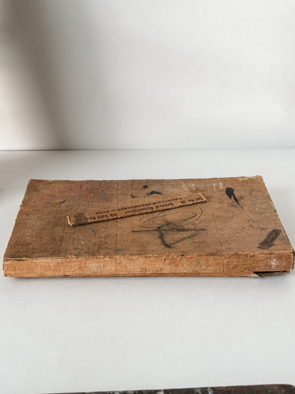 Tattered Vintage Cardboard Box Of Art Pastels