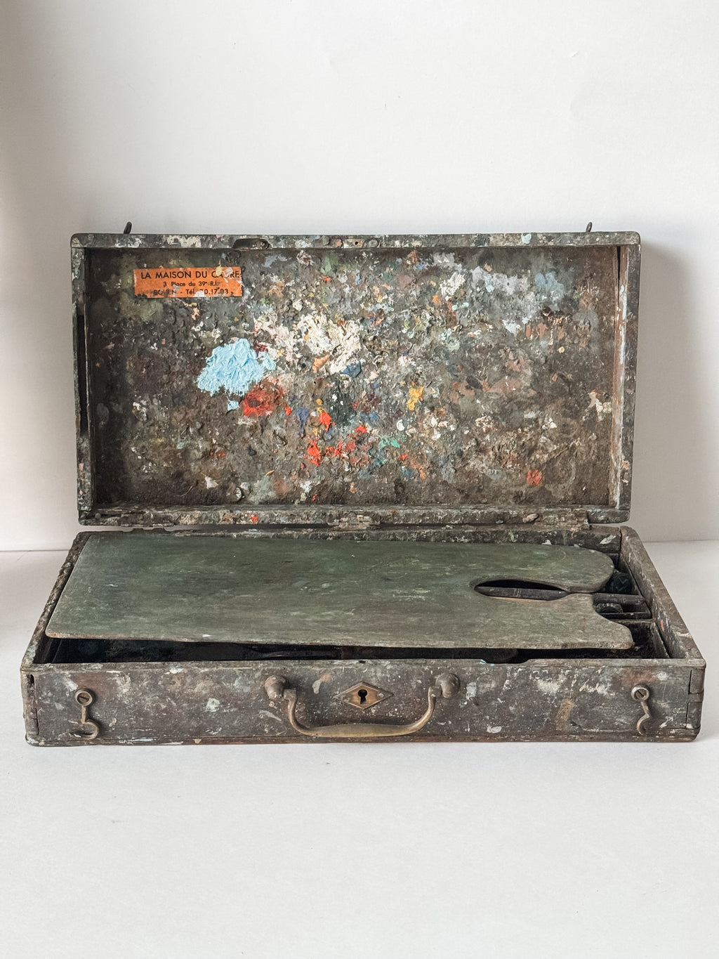 Antique French Artist's Wood Box With Contents And Patina