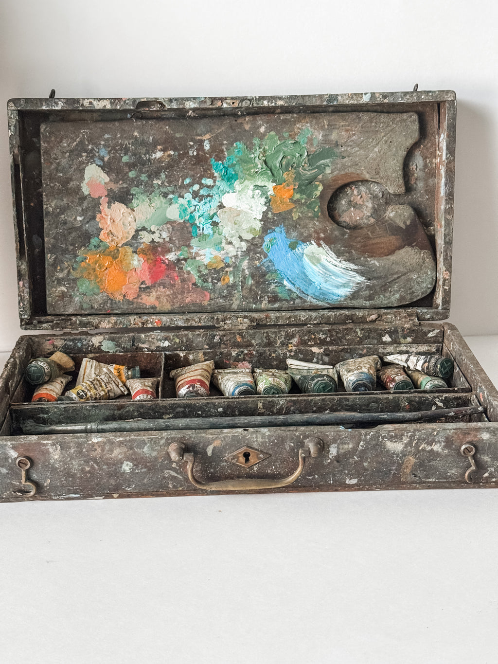 Antique French Artist's Wood Box With Contents And Patina
