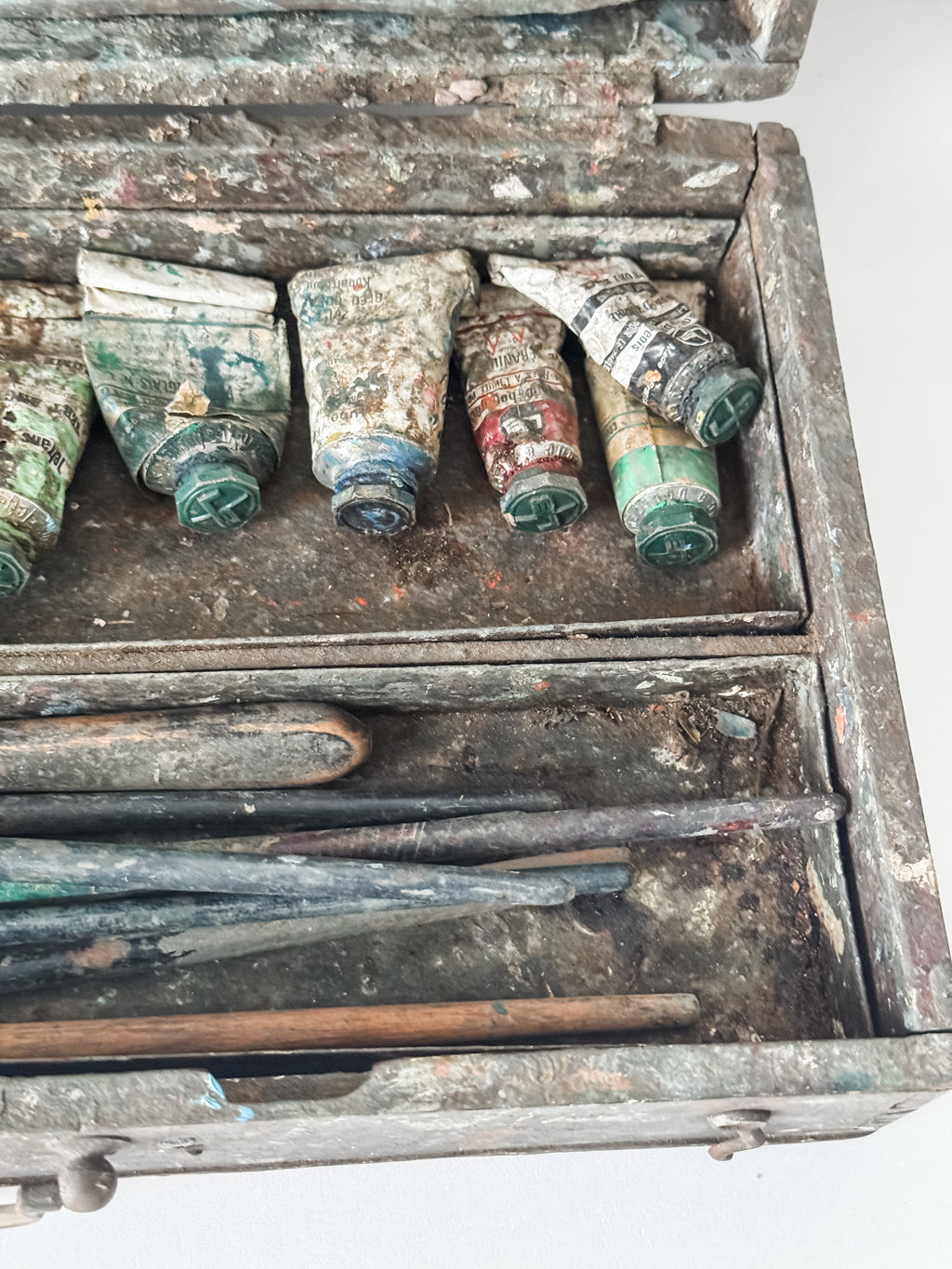 Antique French Artist's Wood Box With Contents And Patina