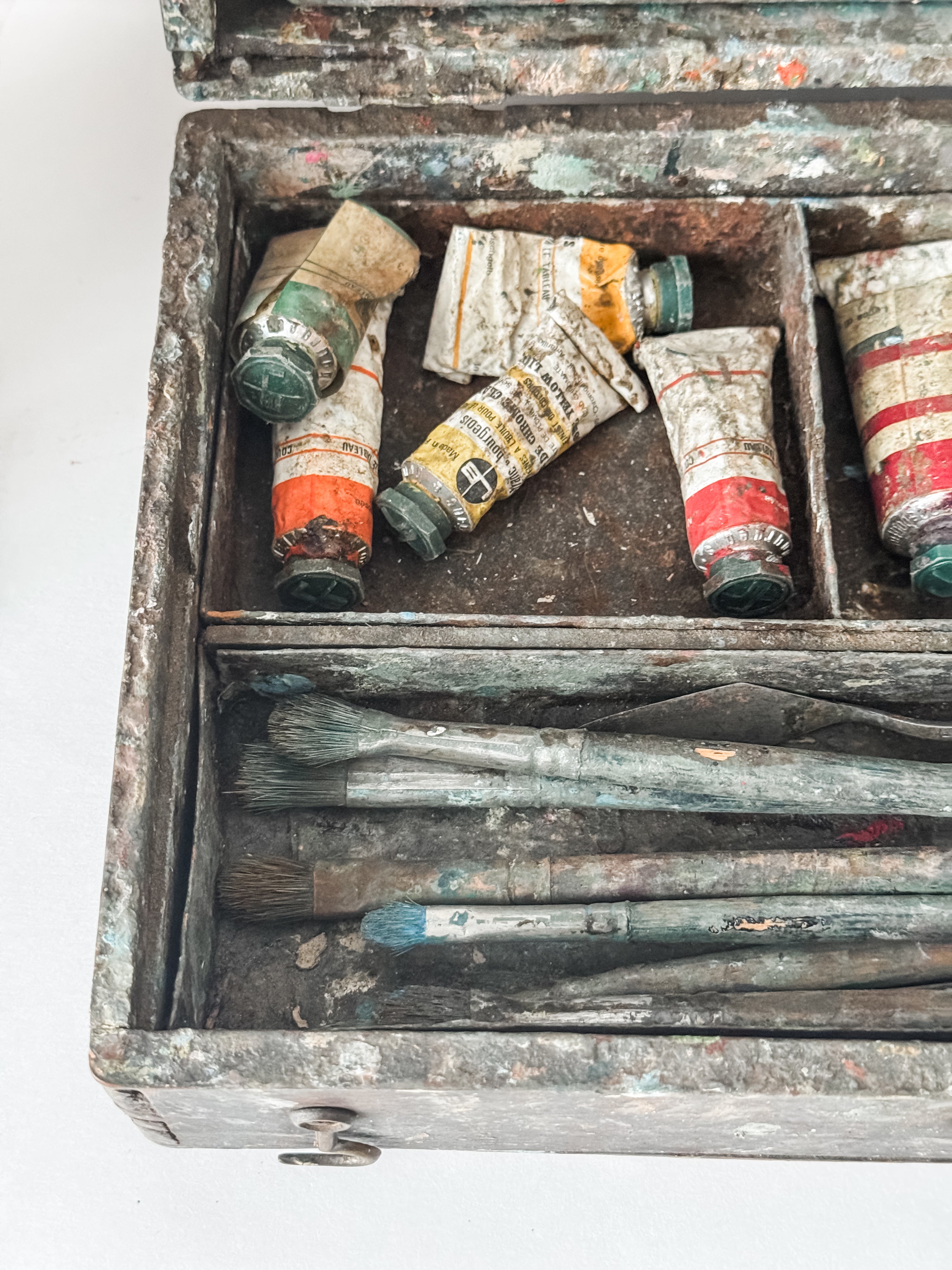 Antique French Artist's Wood Box With Contents And Patina