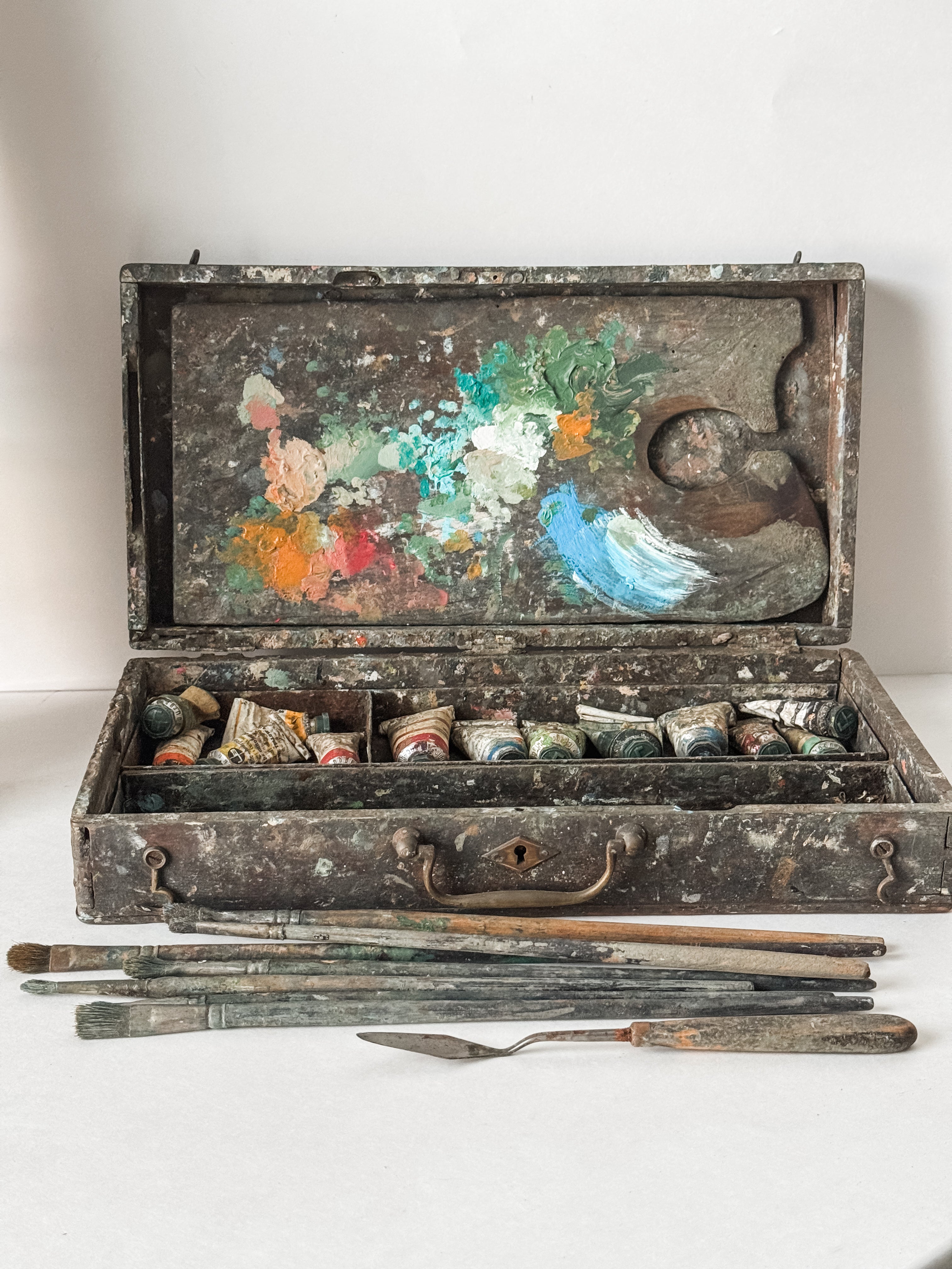 Antique French Artist's Wood Box With Contents And Patina