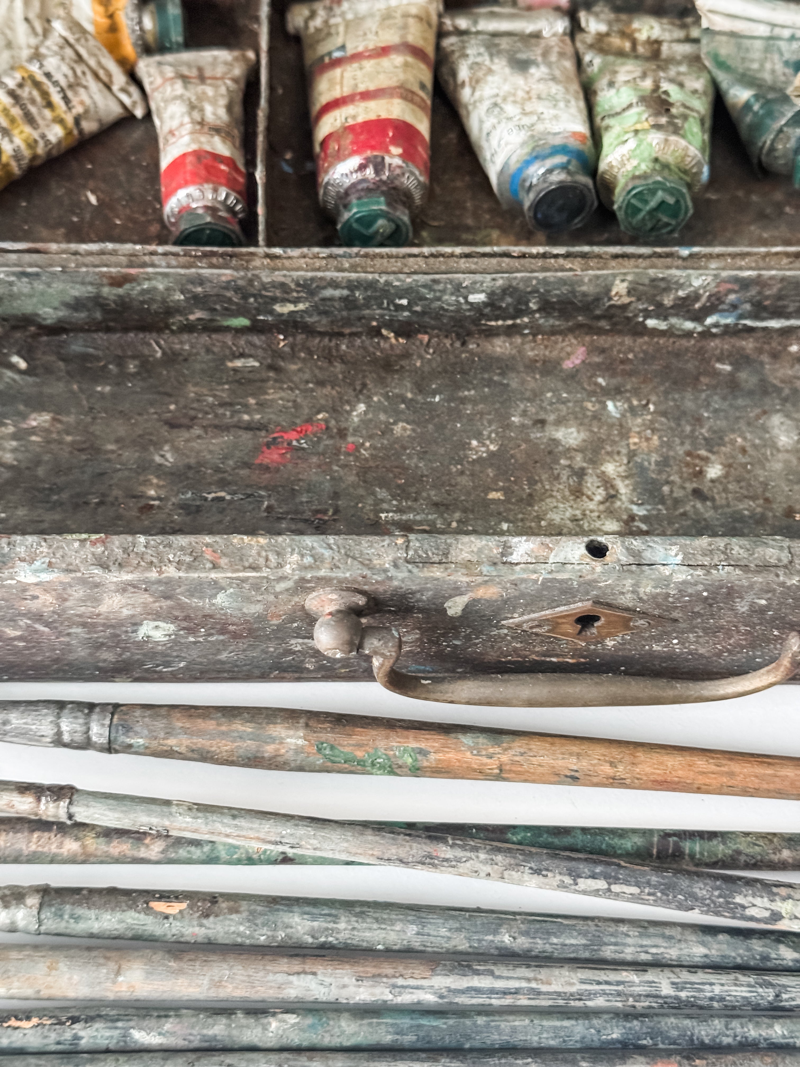 Antique French Artist's Wood Box With Contents And Patina