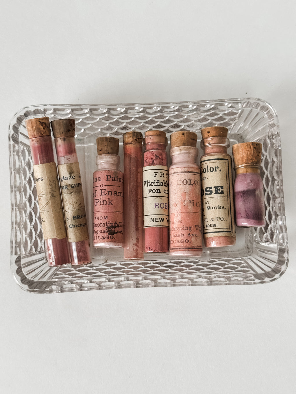 Set Of Glass Art Pigment Vials In Shades Of Pink With French Glass Dish