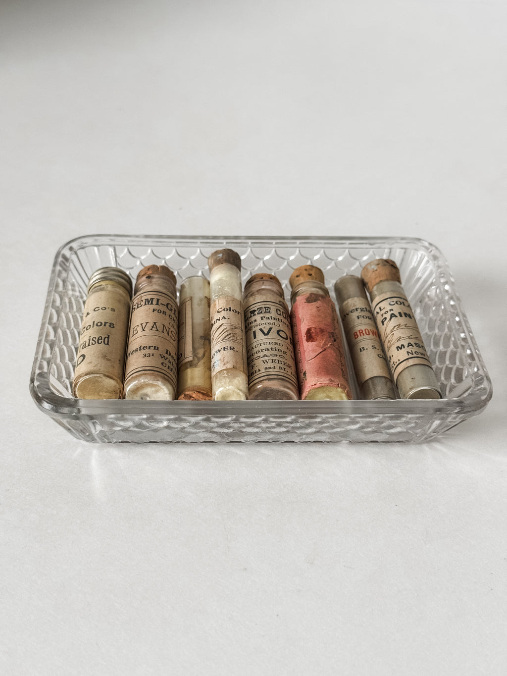 Set Of Glass Art Pigment Vials In Shades Of Yellow With French Glass Dish