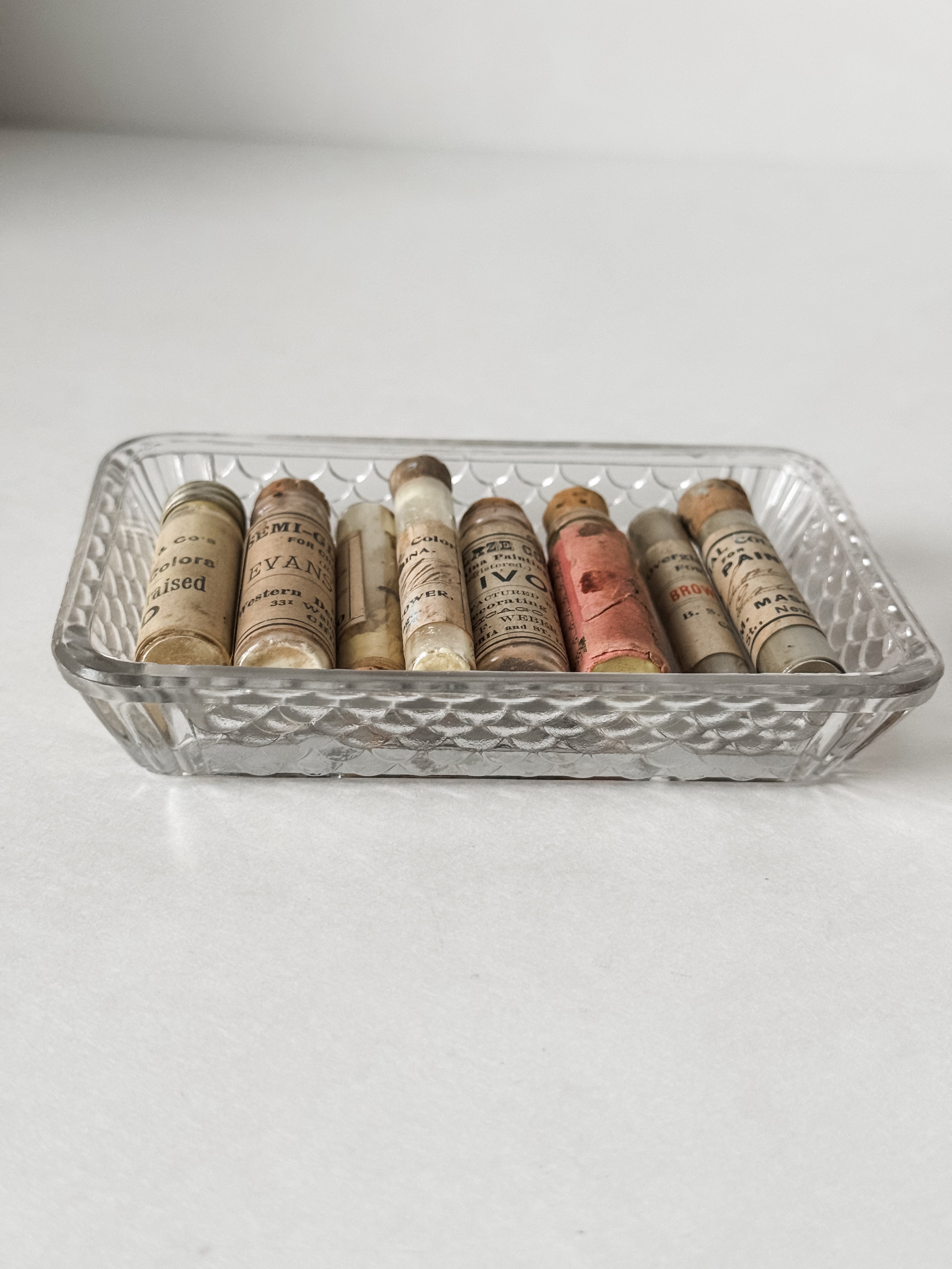 Set Of Glass Art Pigment Vials In Shades Of Yellow With French Glass Dish