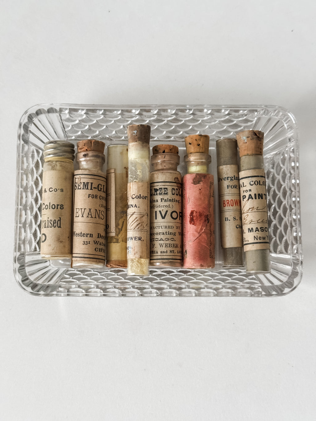 Set Of Glass Art Pigment Vials In Shades Of Yellow With French Glass Dish