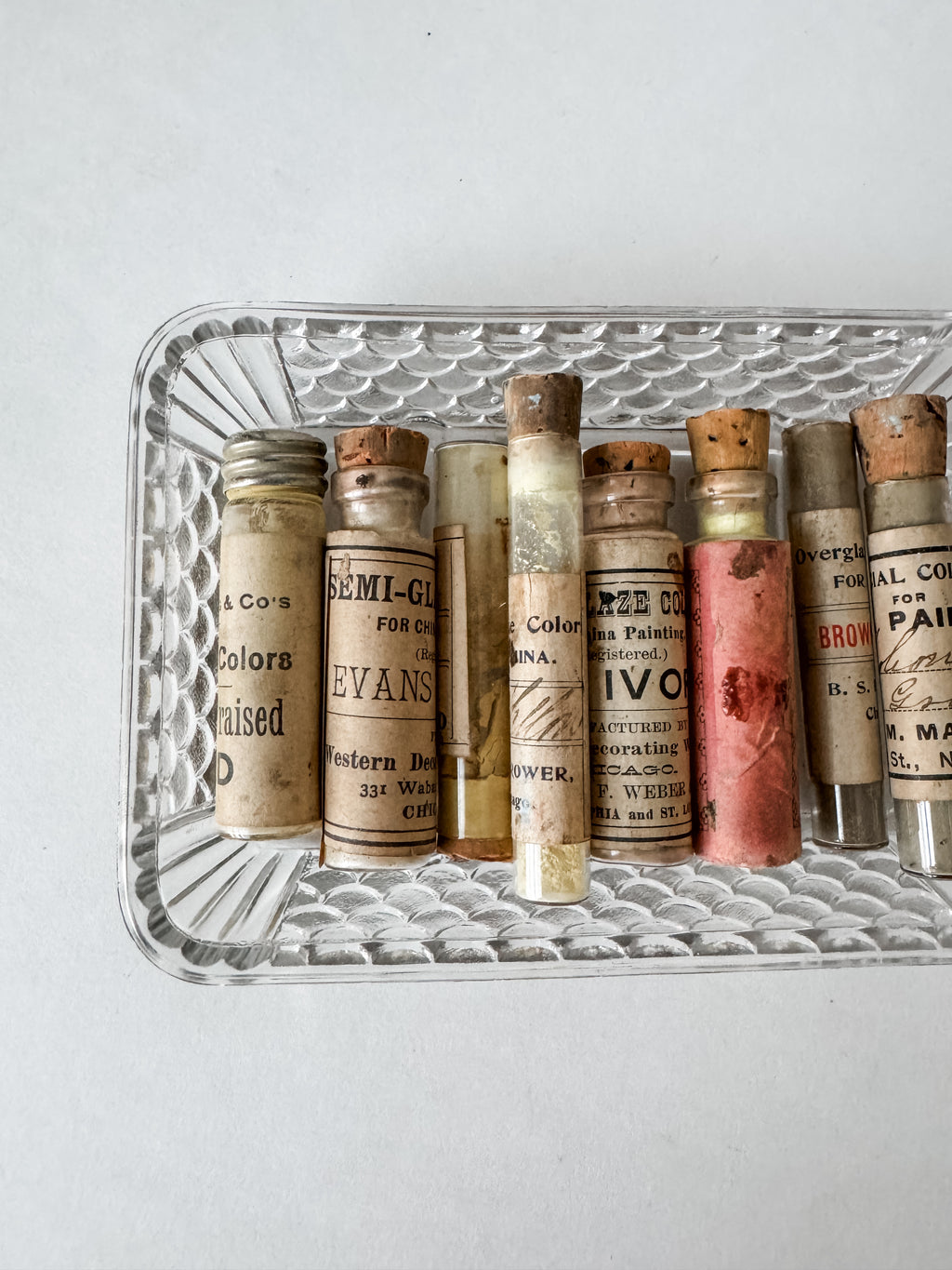 Set Of Glass Art Pigment Vials In Shades Of Yellow With French Glass Dish